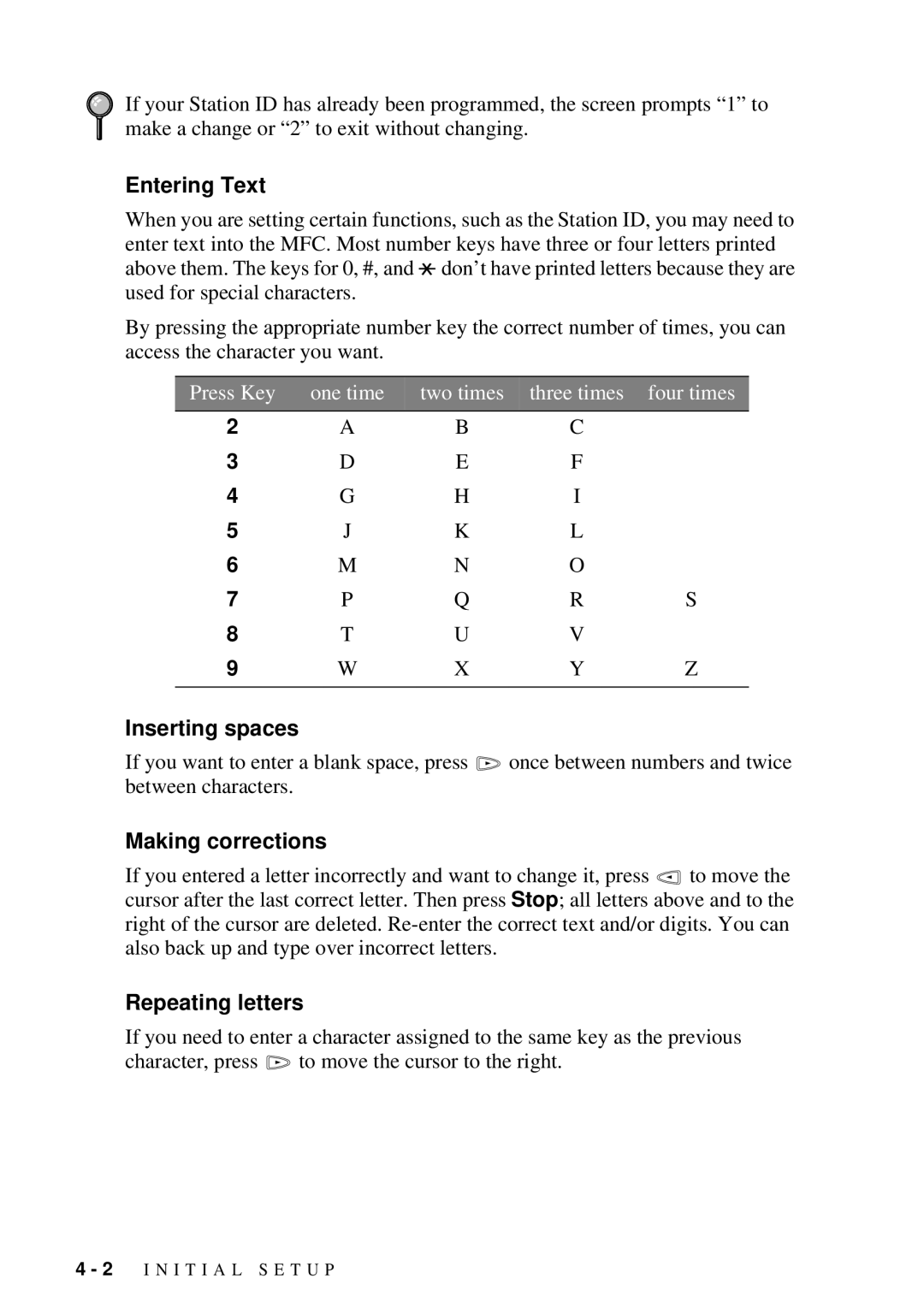 Brother 9200C owner manual Entering Text, Inserting spaces, Making corrections, Repeating letters 