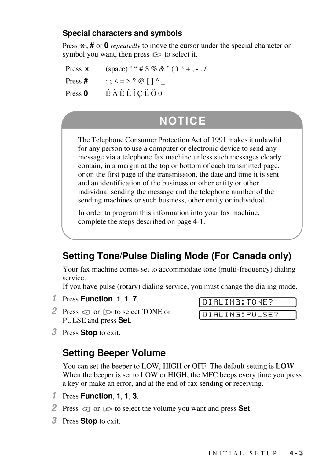 Brother 9200C Setting Tone/Pulse Dialing Mode For Canada only, Setting Beeper Volume, Dialingtone? Dialingpulse? 