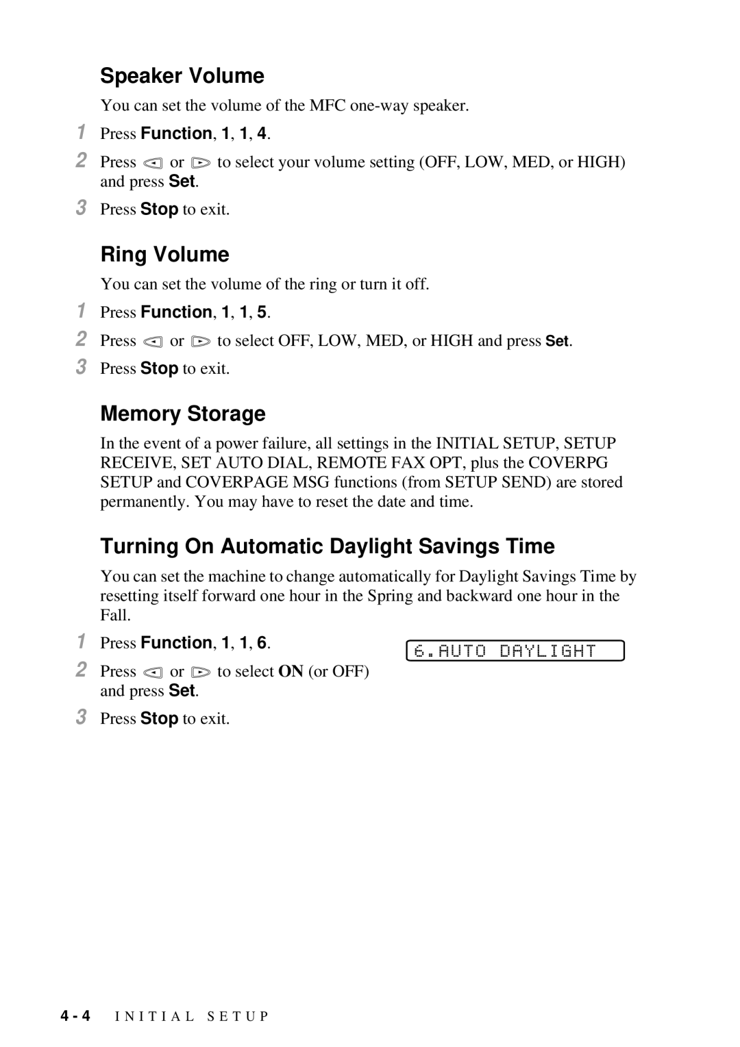 Brother 9200C Speaker Volume, Ring Volume, Memory Storage, Turning On Automatic Daylight Savings Time, Auto Daylight 