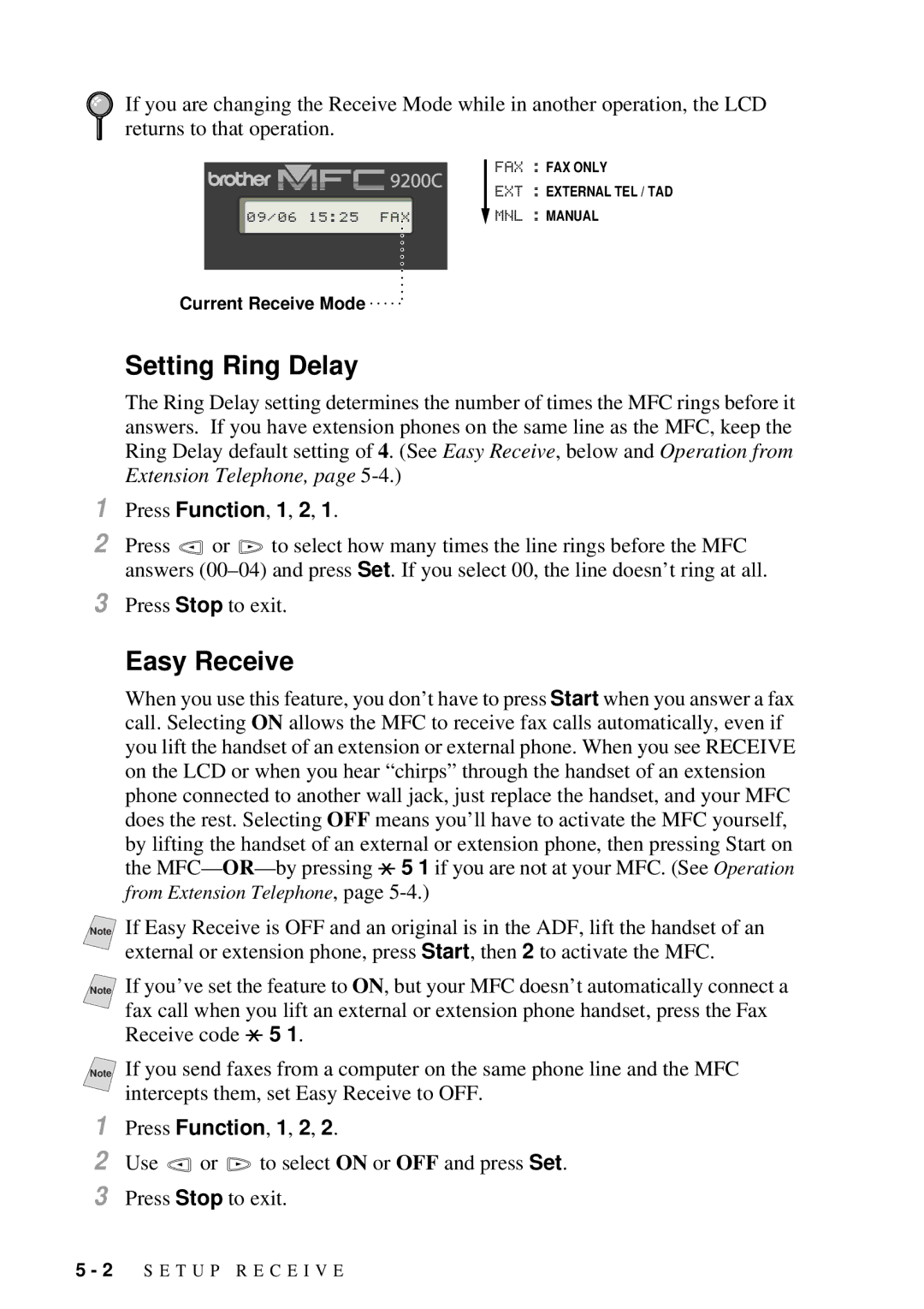 Brother 9200C owner manual Setting Ring Delay, Easy Receive 