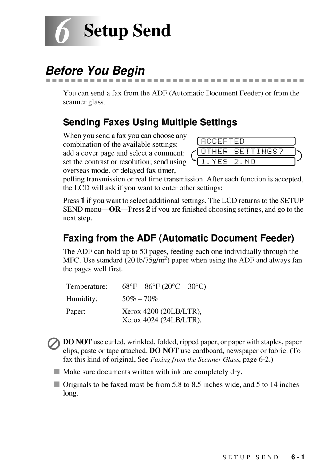 Brother 9200C owner manual 6Setup Send, Before You Begin, Sending Faxes Using Multiple Settings 