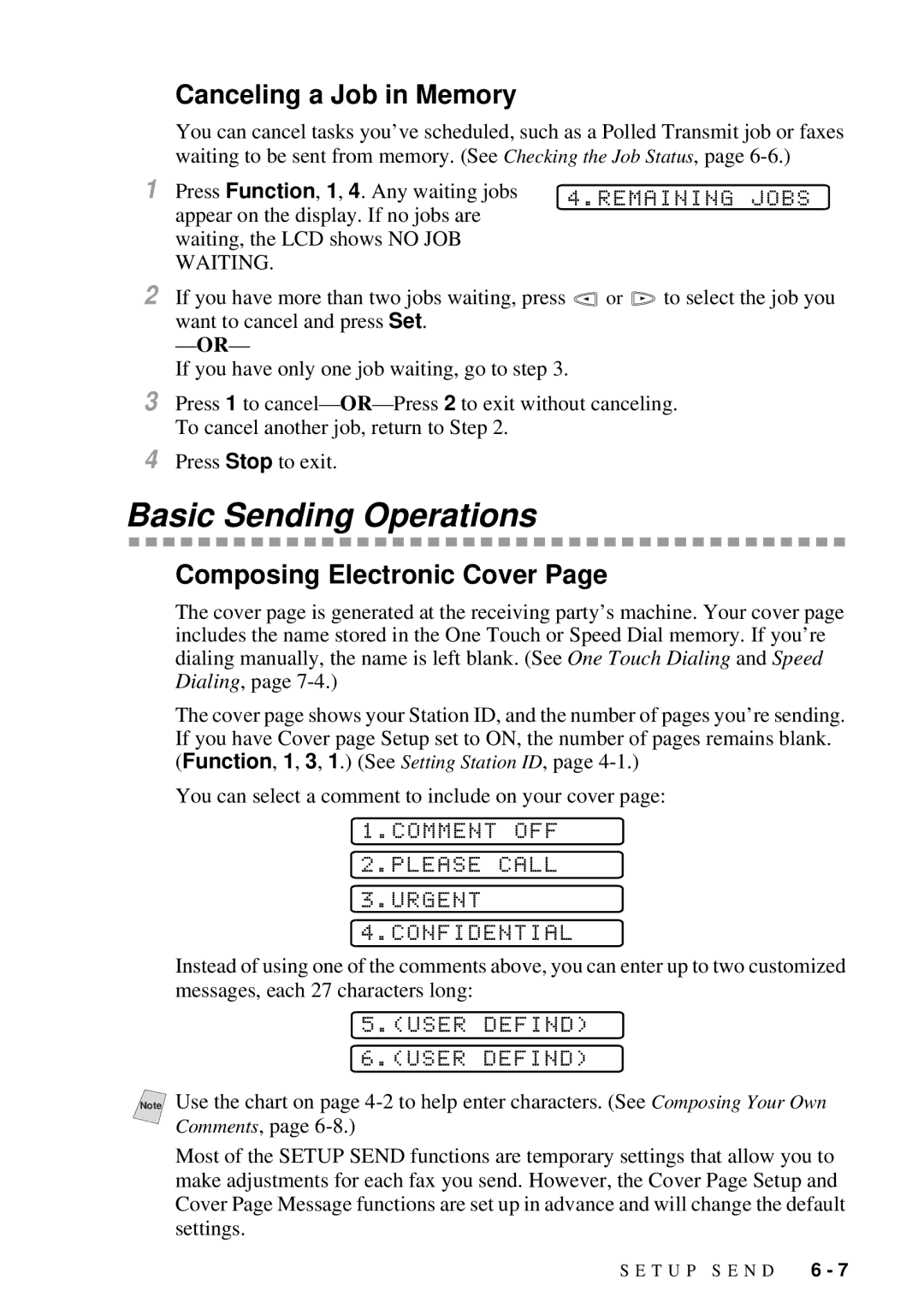 Brother 9200C owner manual Basic Sending Operations, Canceling a Job in Memory, Composing Electronic Cover 