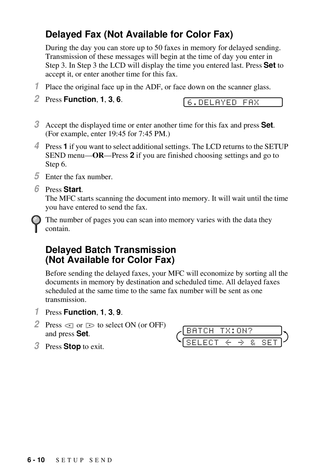 Brother 9200C Delayed Fax Not Available for Color Fax, Delayed Batch Transmission Not Available for Color Fax, Delayed FAX 