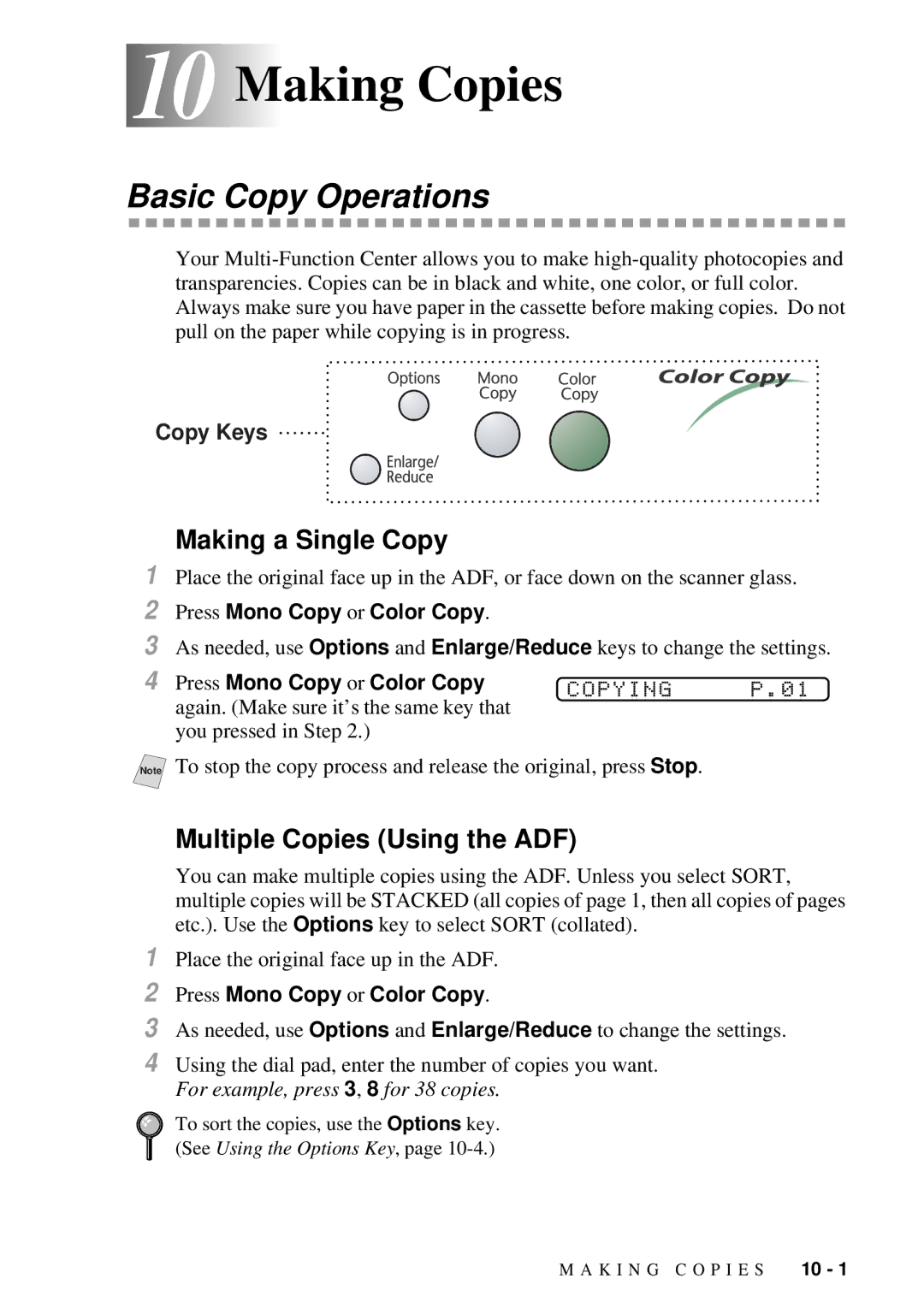 Brother 9200C 10 10Making Copies, Basic Copy Operations, Making a Single Copy, Multiple Copies Using the ADF, Copying 