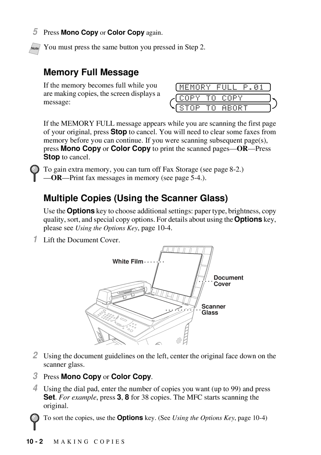 Brother 9200C Memory Full Message, Multiple Copies Using the Scanner Glass, Memory Full P.01 Copy to Copy Stop to Abort 