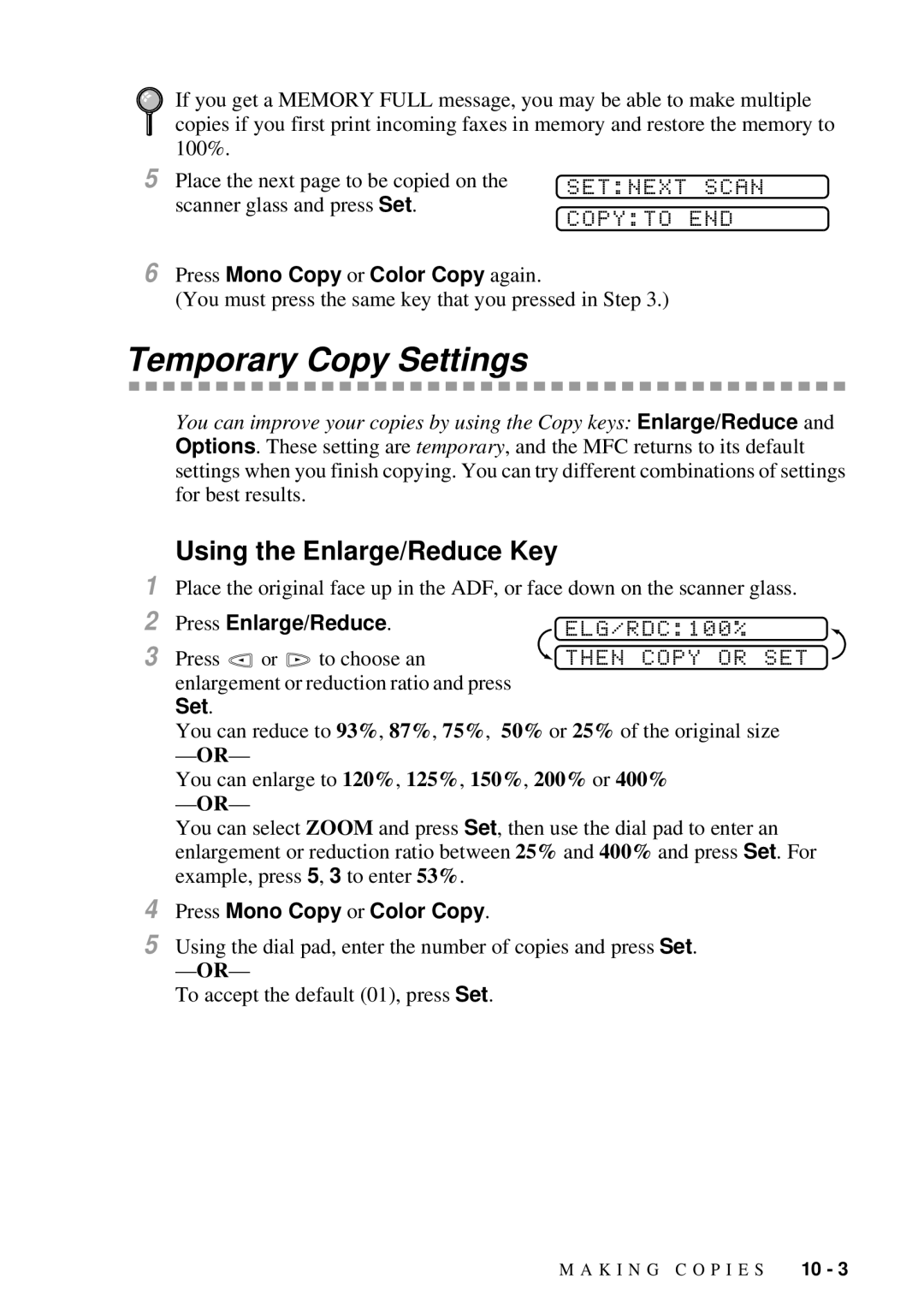 Brother 9200C Temporary Copy Settings, Using the Enlarge/Reduce Key, Setnext Scan, Copyto END, Then Copy or SET 