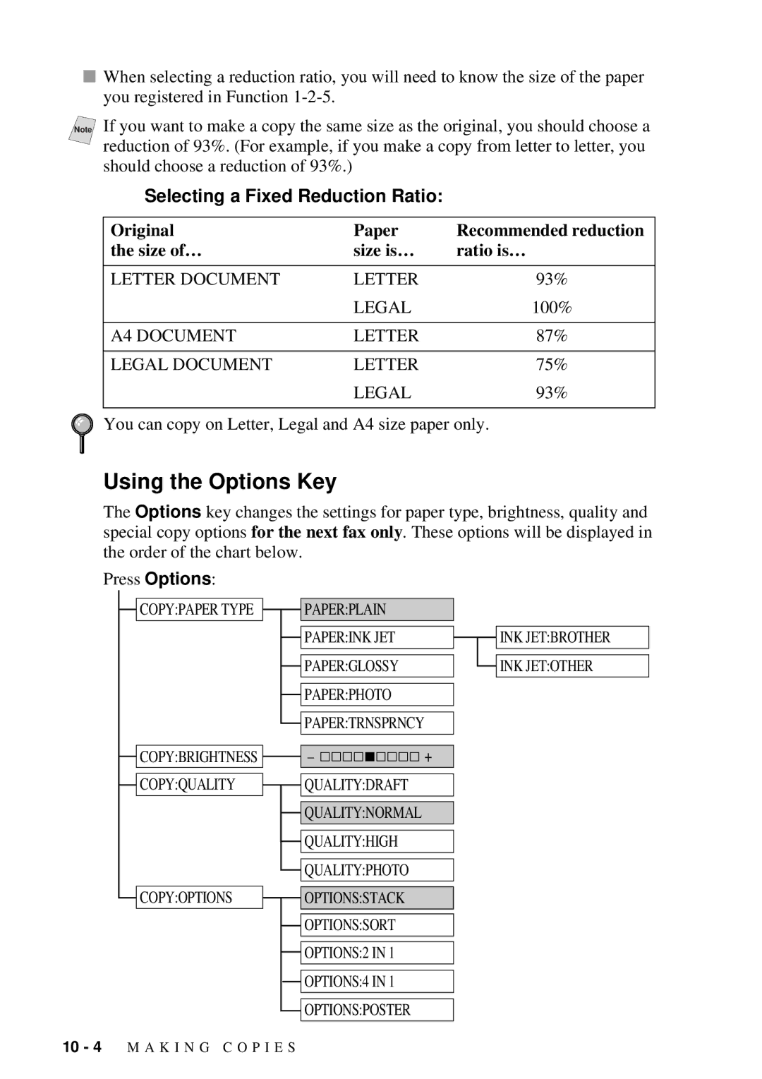 Brother 9200C owner manual Using the Options Key, Selecting a Fixed Reduction Ratio 