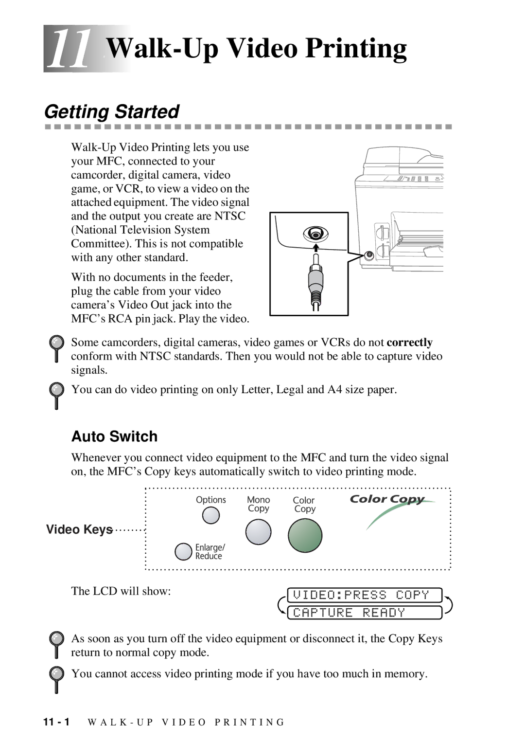 Brother 9200C owner manual 11 11Walk-Up Video Printing, Auto Switch, Videopress Copy, Capture Ready, Video Keys 