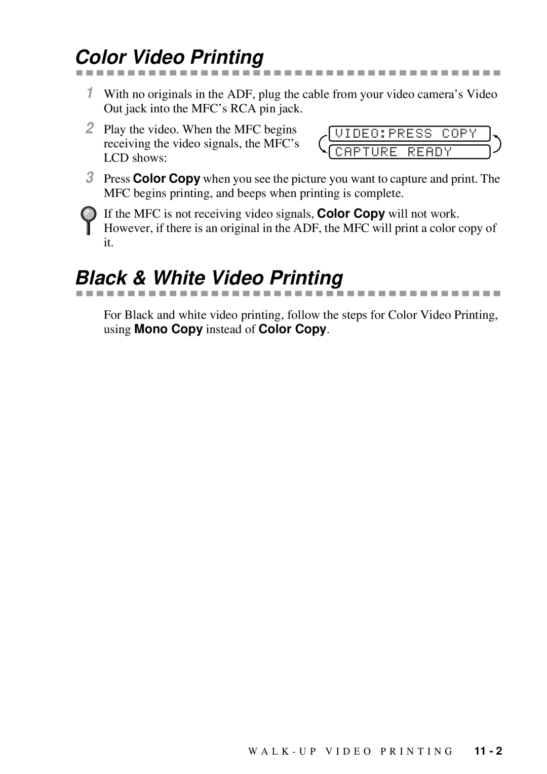 Brother 9200C owner manual Color Video Printing, Black & White Video Printing 