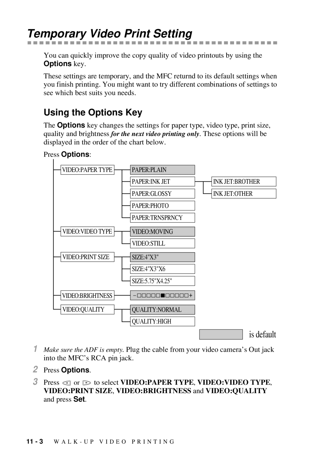 Brother 9200C owner manual Temporary Video Print Setting, Videostill 