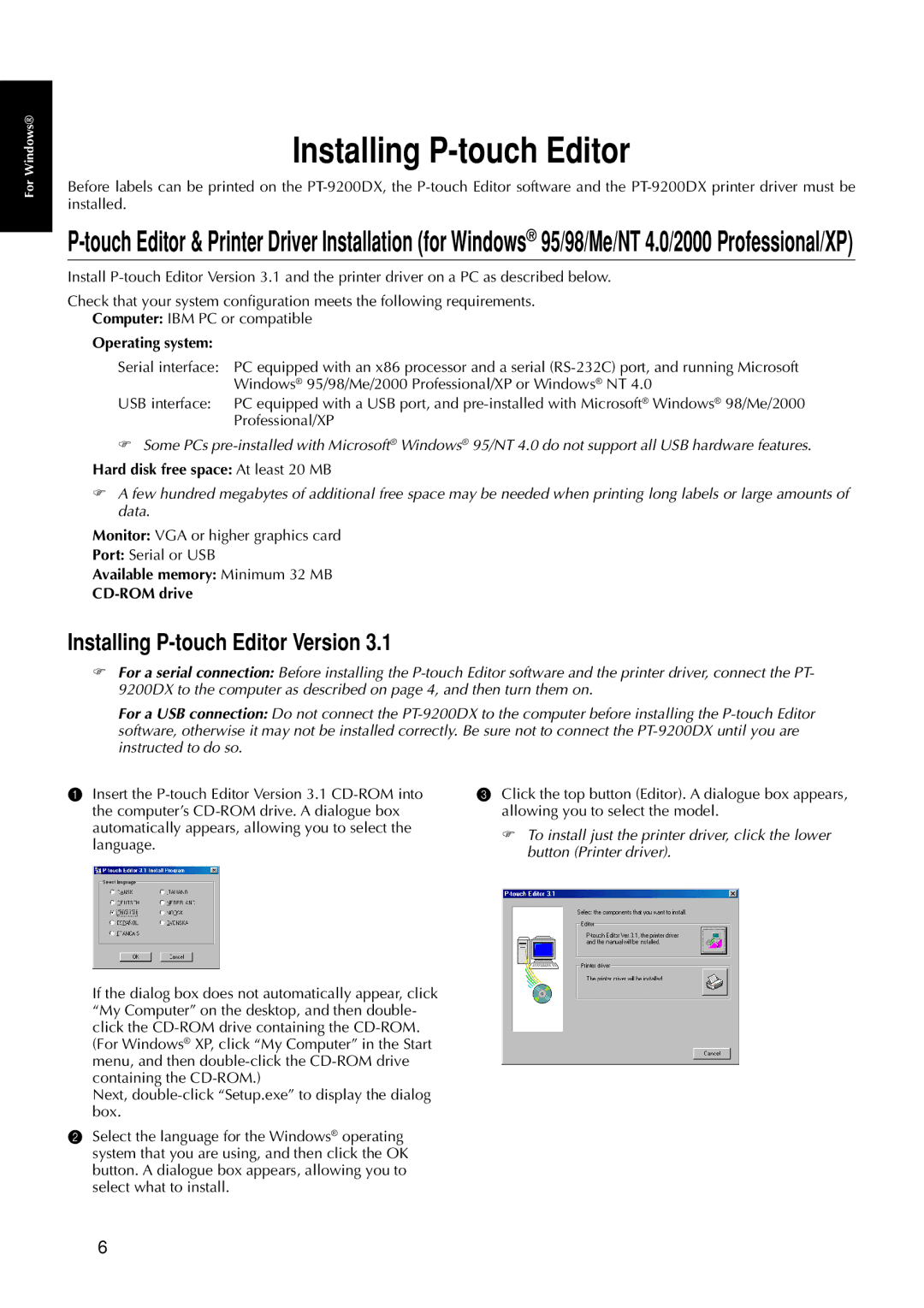 Brother 9200DX manual Installing P-touch Editor Version, Operating system, Hard disk free space At least 20 MB 