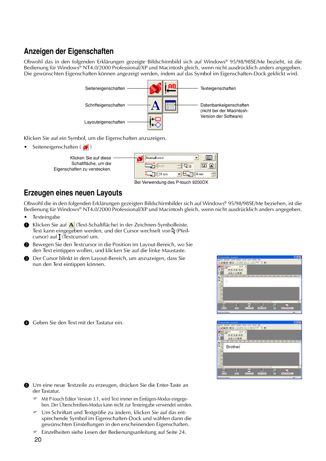 Brother 9200DX manual Anzeigen der Eigenschaften, Erzeugen eines neuen Layouts 