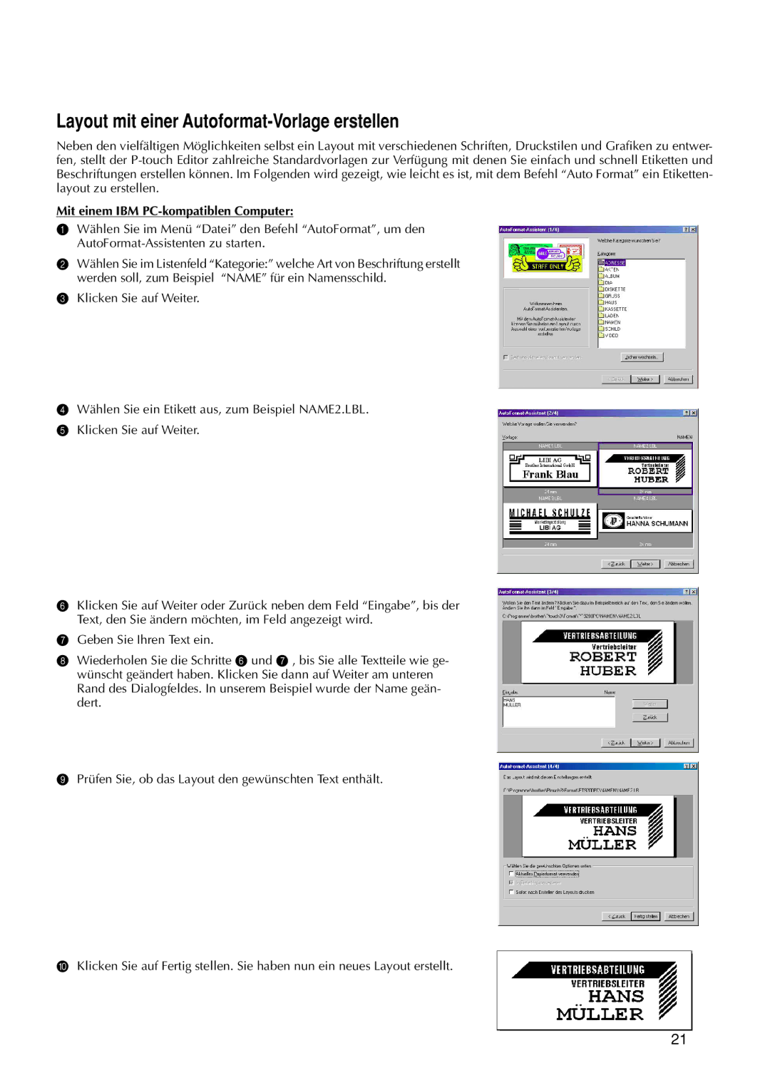 Brother 9200DX manual Layout mit einer Autoformat-Vorlage erstellen 