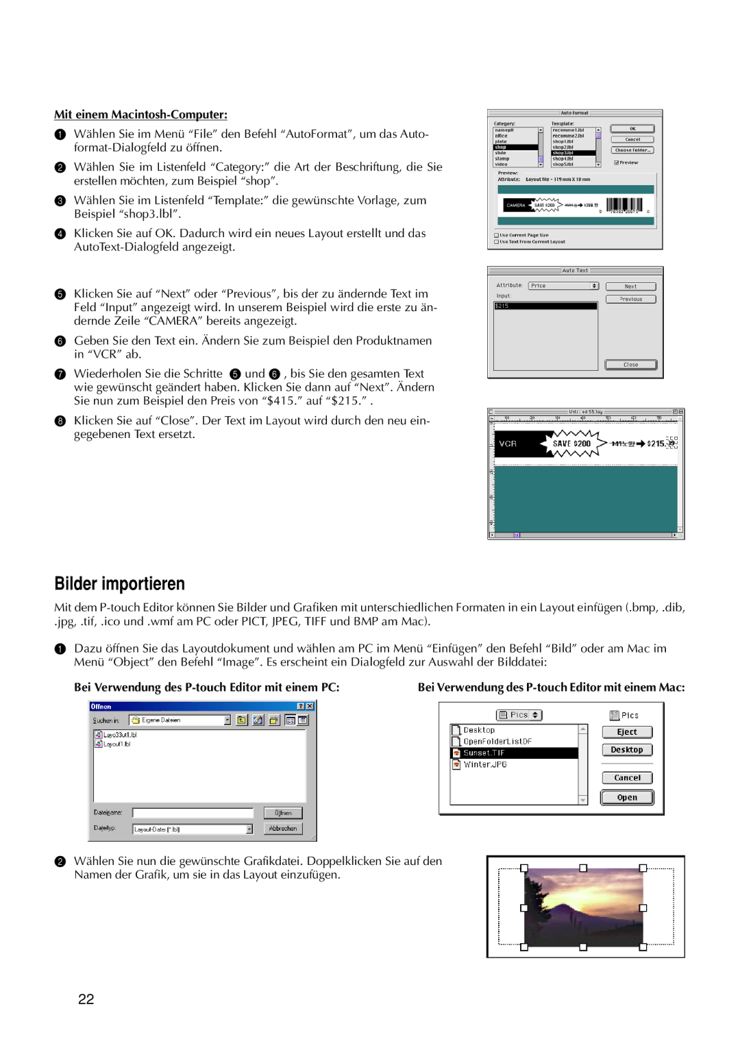 Brother 9200DX manual Bilder importieren, Bei Verwendung des P-touch Editor mit einem PC 