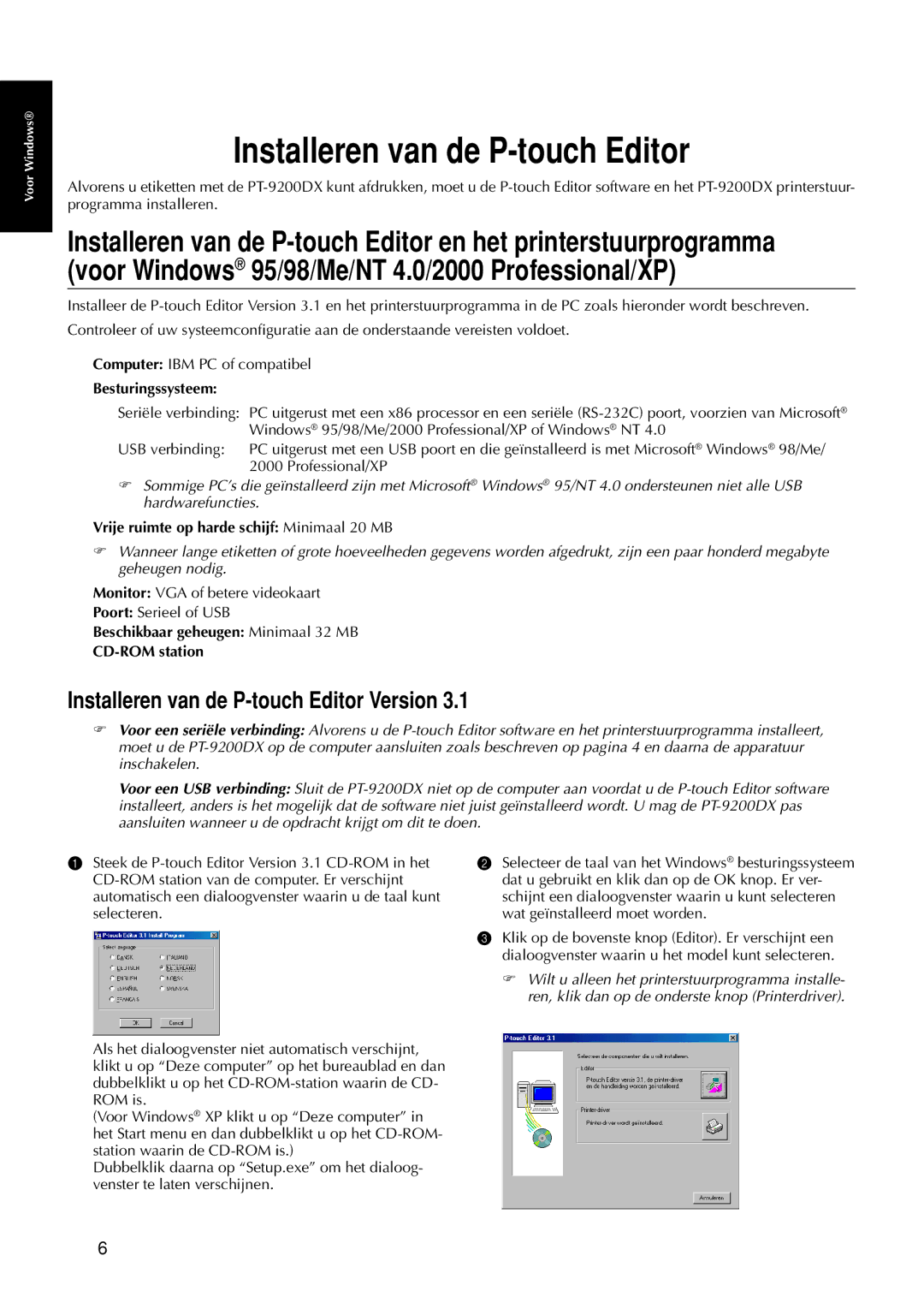 Brother 9200DX manual Installeren van de P-touch Editor Version, Besturingssysteem 