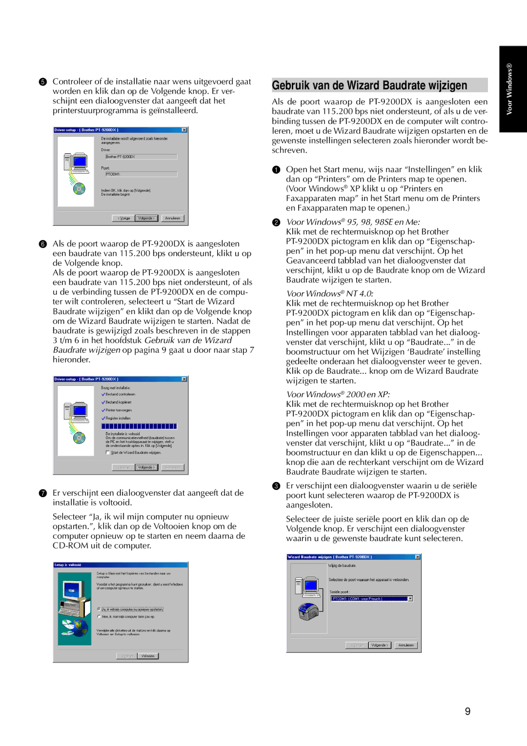 Brother 9200DX manual Voor Windows 95, 98, 98SE en Me, Voor Windows NT, Voor Windows 2000 en XP 