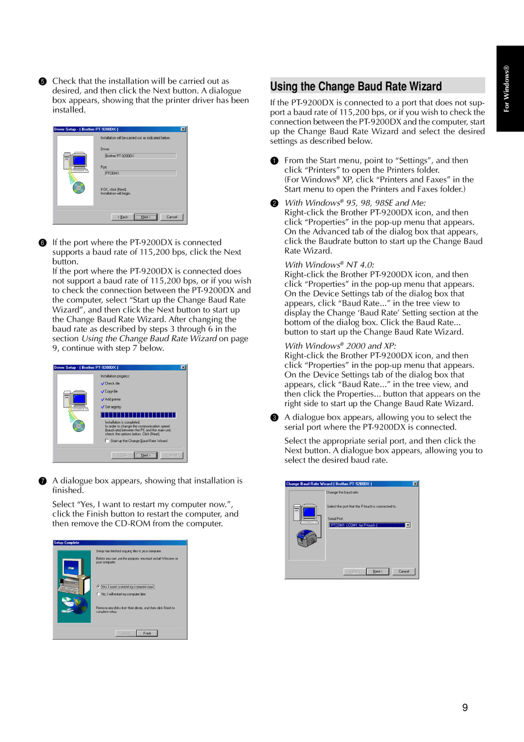 Brother 9200DX manual Using the Change Baud Rate Wizard, Dialogue box appears, showing that installation is finished 