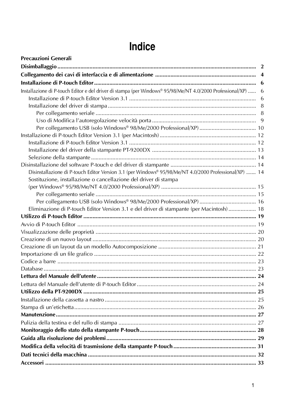 Brother Indice, Utilizzo di P-touch Editor, Utilizzo della PT-9200DX, Lettura del Manuale dell’utente, Manutenzione 