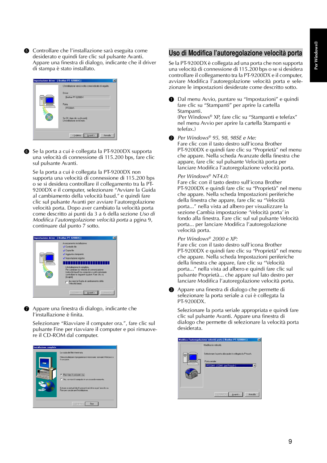 Brother 9200DX manual Per Windows 95, 98, 98SE e Me, Per Windows NT4.0, Per Windows 2000 e XP 