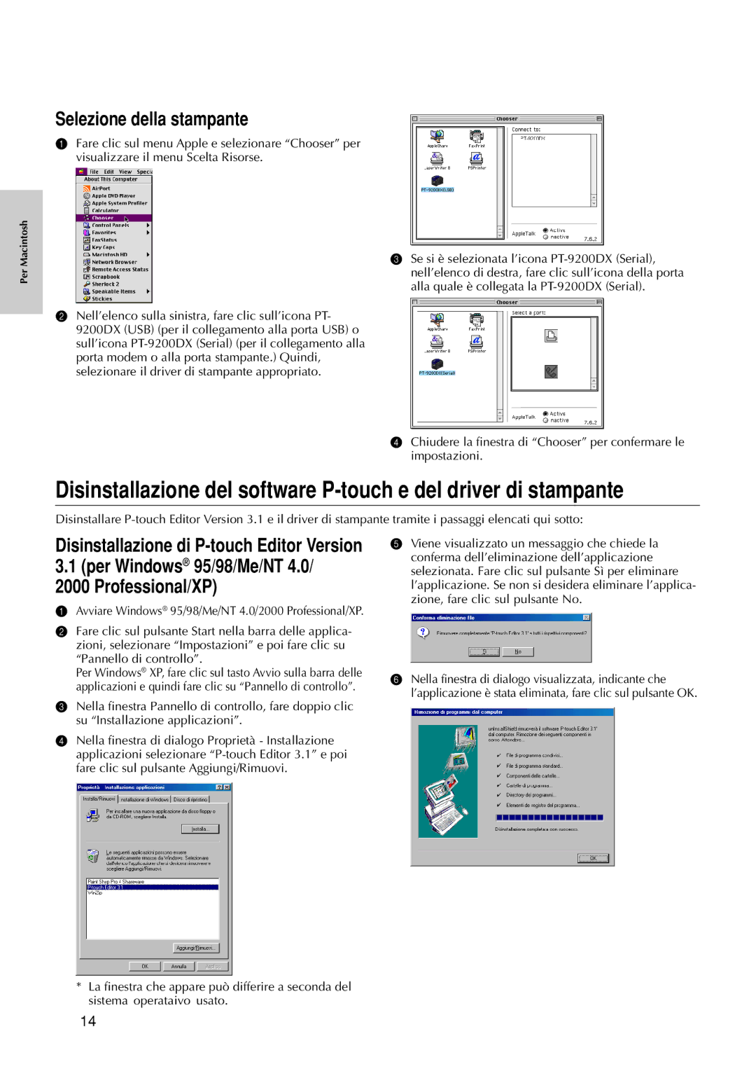 Brother 9200DX manual Selezione della stampante, Per Windows 95/98/Me/NT 4.0/ 2000 Professional/XP 