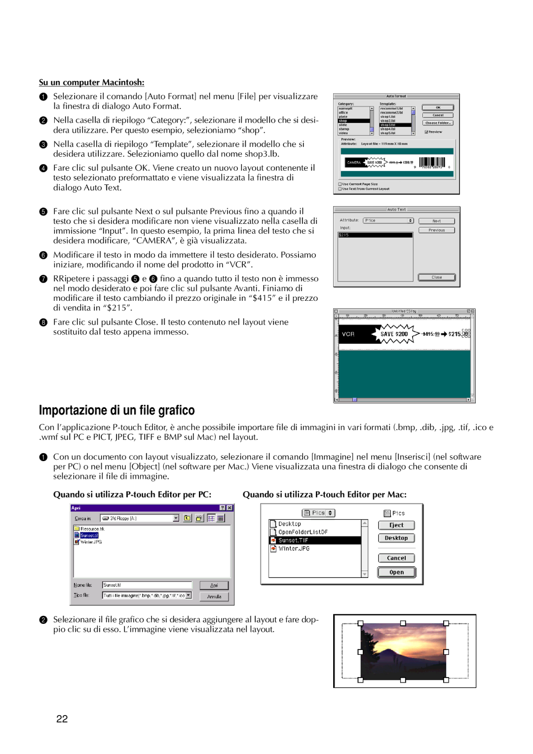 Brother 9200DX manual Importazione di un file grafico, Quando si utilizza P-touch Editor per PC 