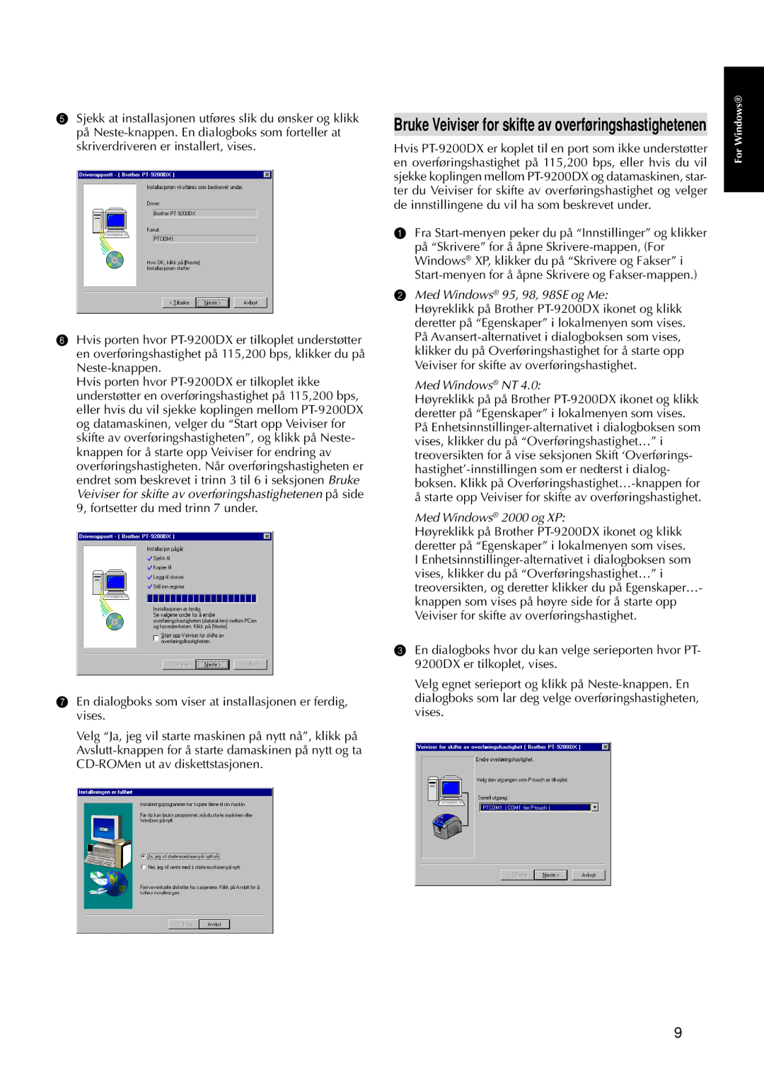 Brother 9200DX manual Med Windows 95, 98, 98SE og Me, Med Windows NT, Med Windows 2000 og XP 
