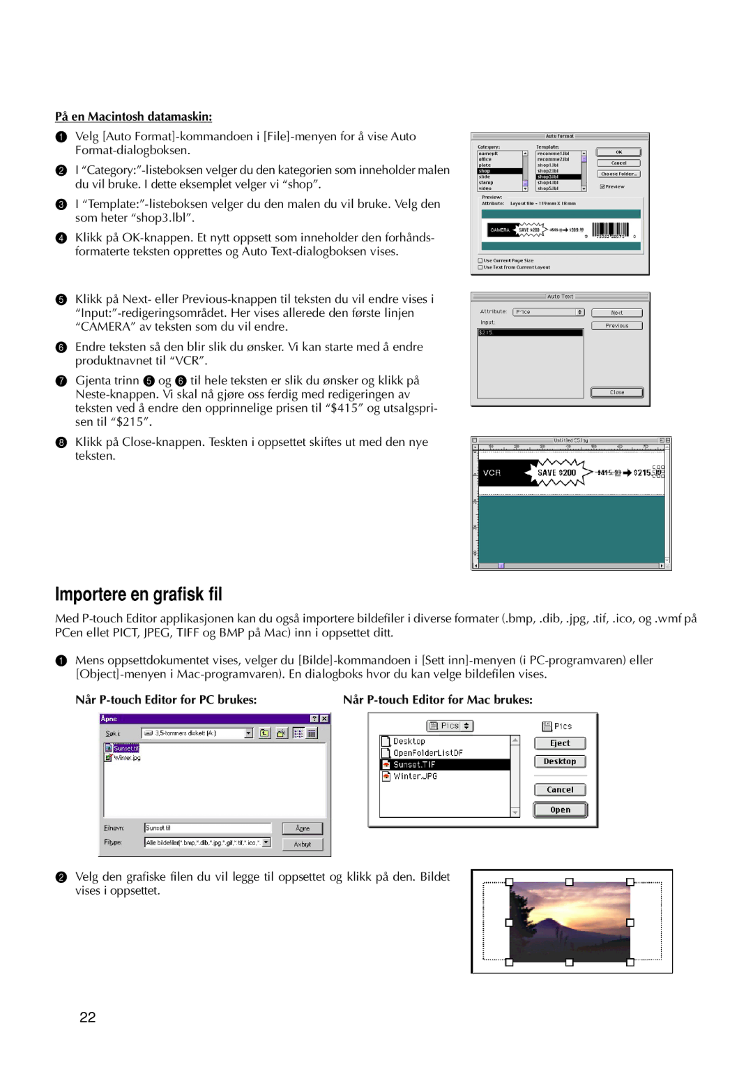 Brother 9200DX manual Importere en grafisk fil, Når P-touch Editor for PC brukes 