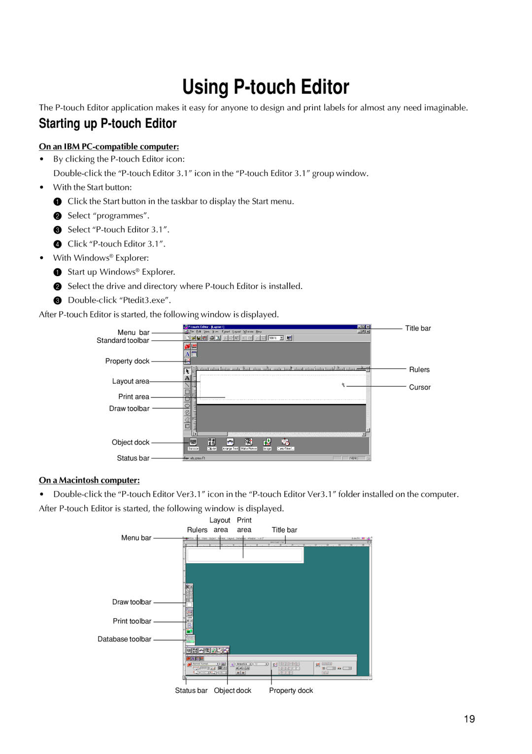 Brother 9200DX Using P-touch Editor, Starting up P-touch Editor, On an IBM PC-compatible computer, On a Macintosh computer 