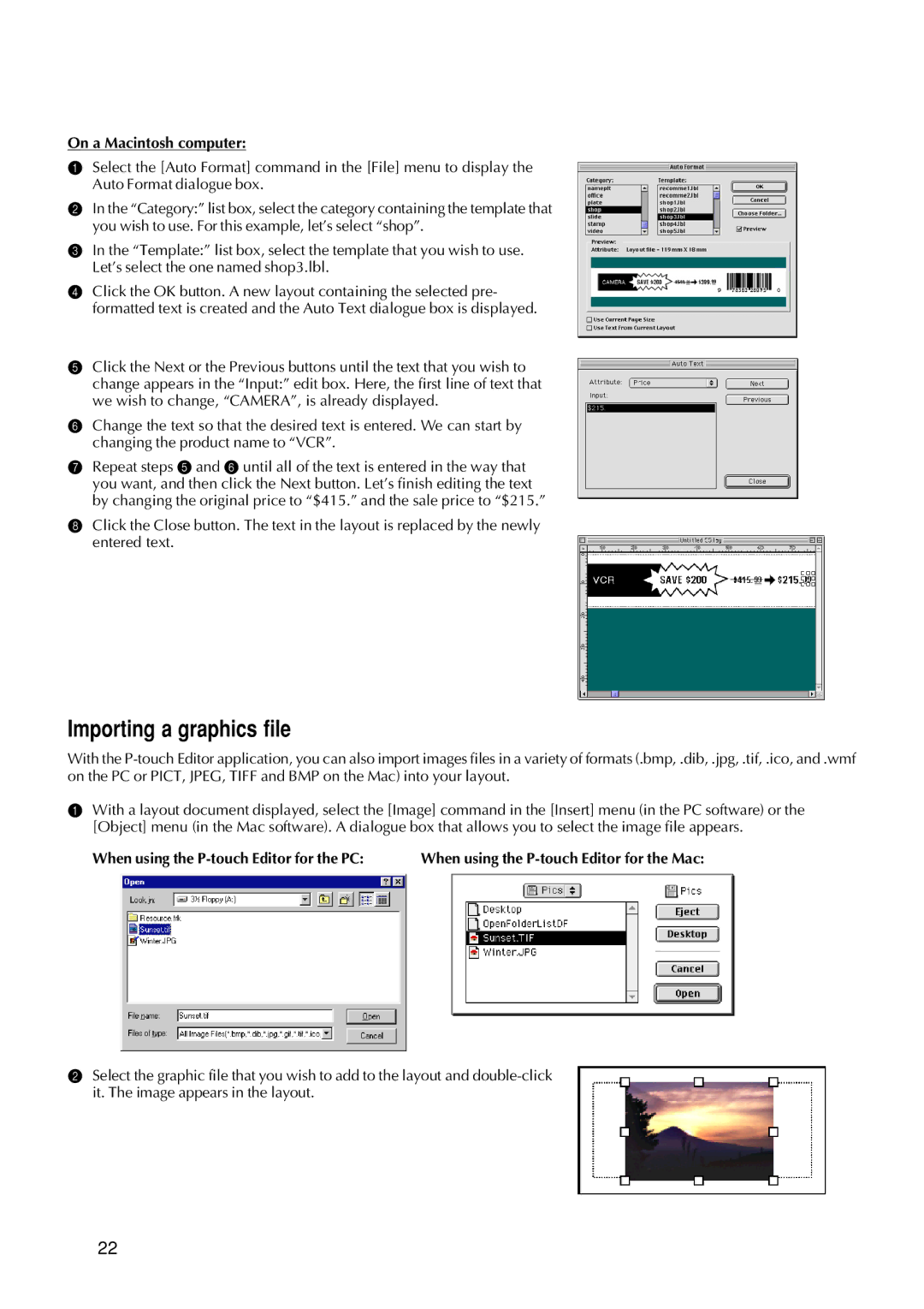 Brother 9200DX manual Importing a graphics file, When using the P-touch Editor for the PC 