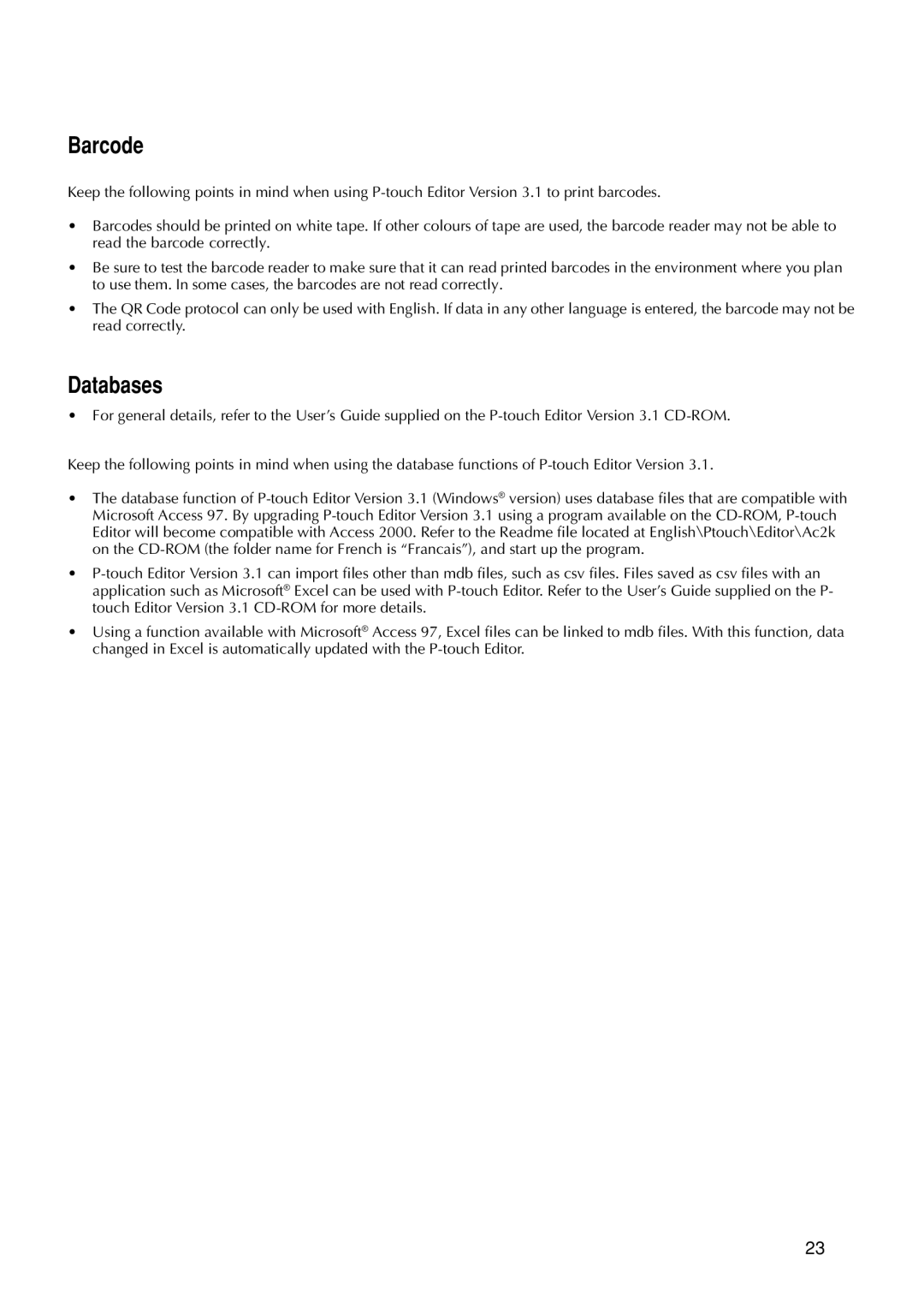 Brother 9200DX manual Barcode, Databases 