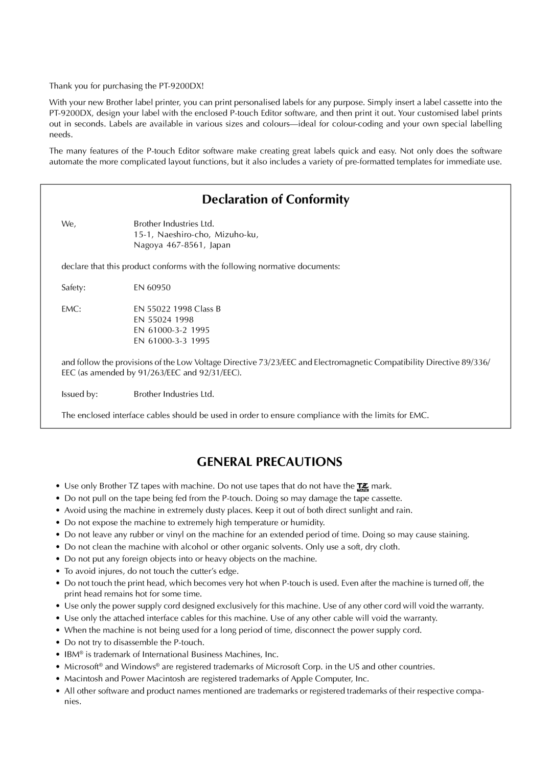 Brother 9200DX manual 15-1, Naeshiro-cho, Mizuho-ku, Nagoya 467-8561, Japan, EN 55024, EN 61000-3-2, EN 61000-3-3 