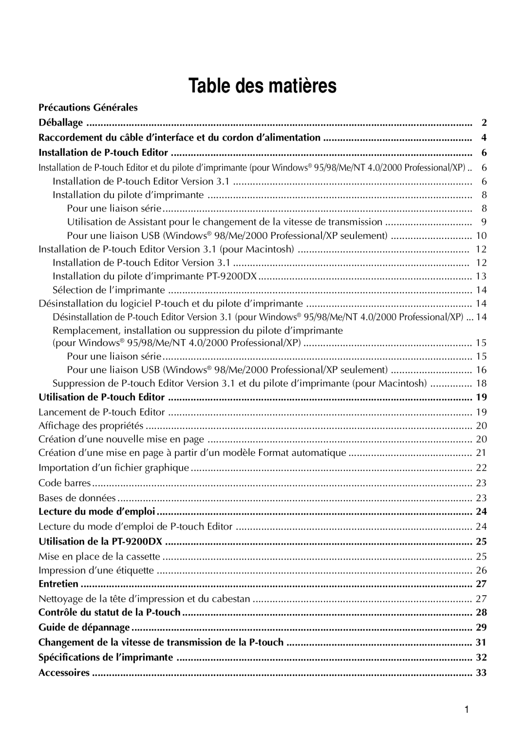 Brother manual Table des matières, Utilisation de la PT-9200DX, Utilisation de P-touch Editor, Lecture du mode d’emploi 