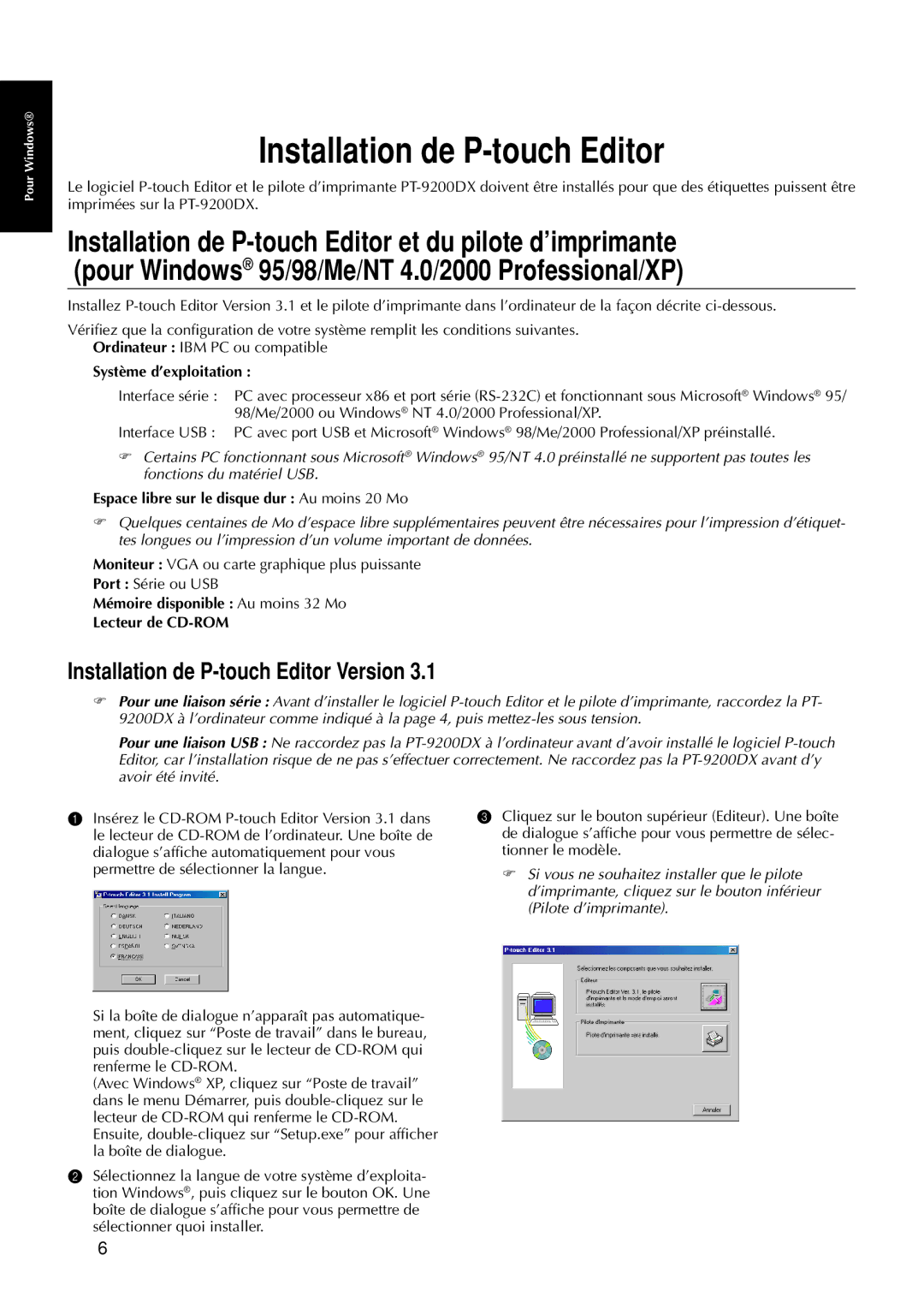 Brother 9200DX manual Installation de P-touch Editor Version, Système d’exploitation 
