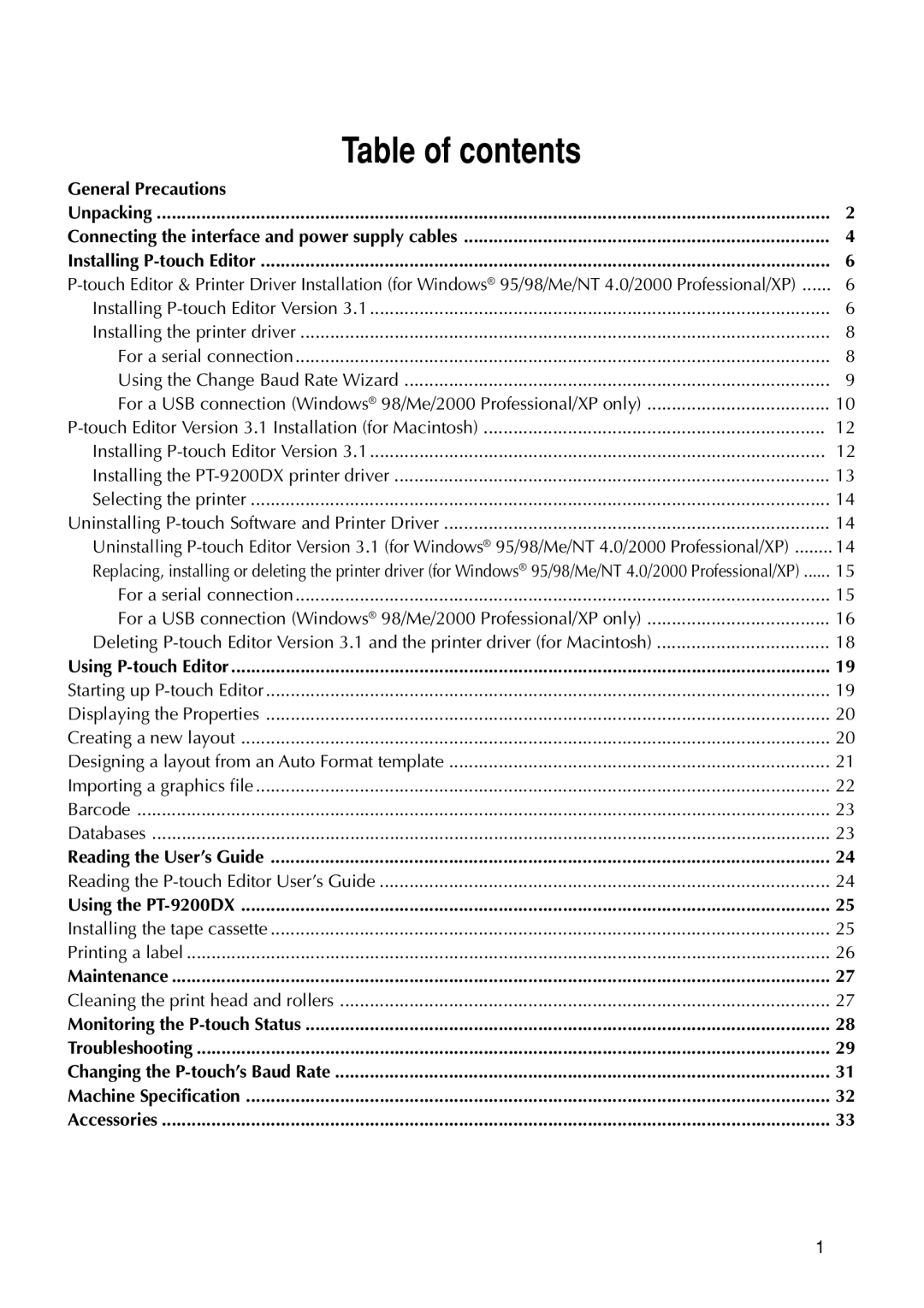 Brother 9200DX manual Table of contents 