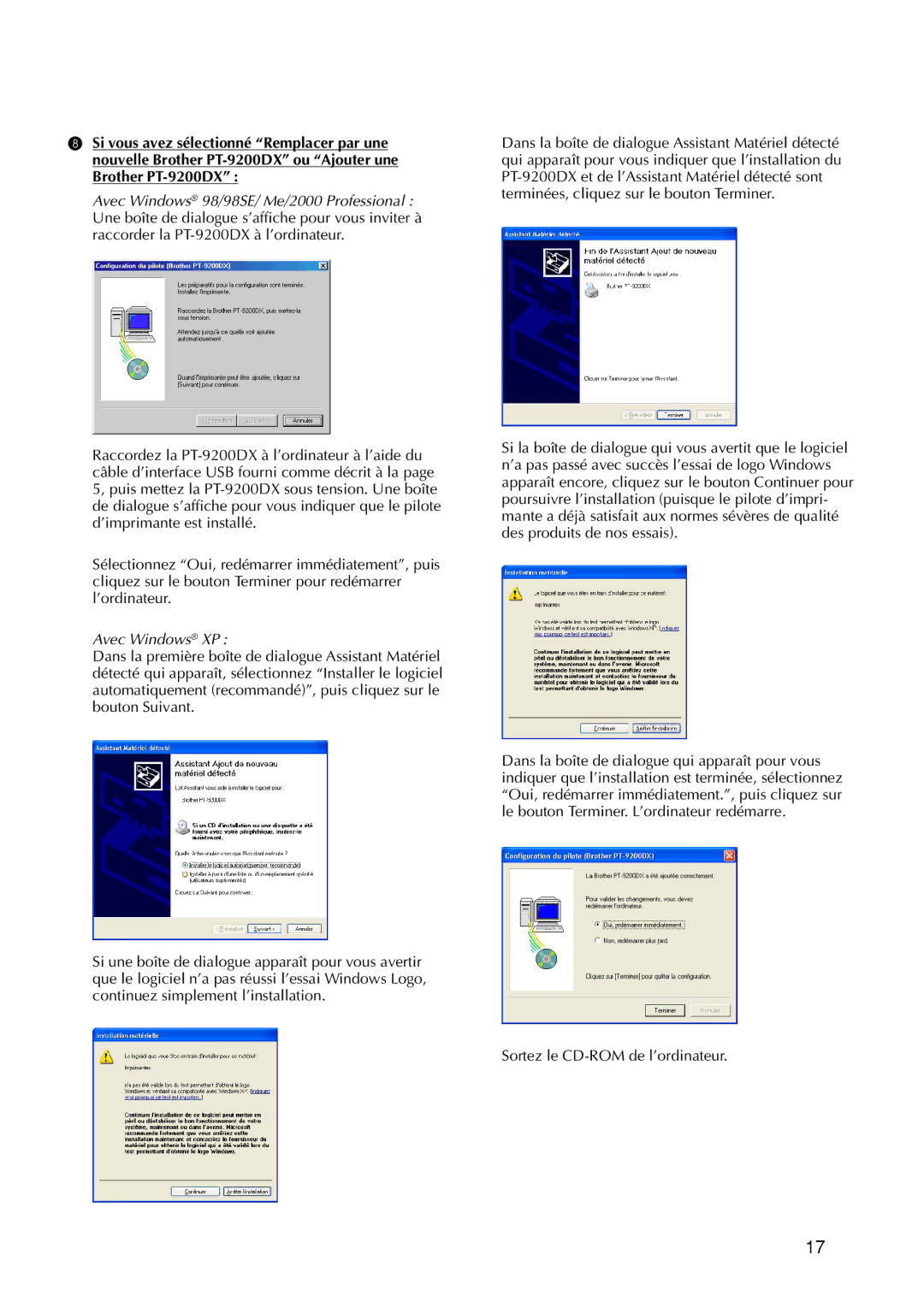 Brother 9200DX manual Avec Windows XP, Sortez le CD-ROM de l’ordinateur 