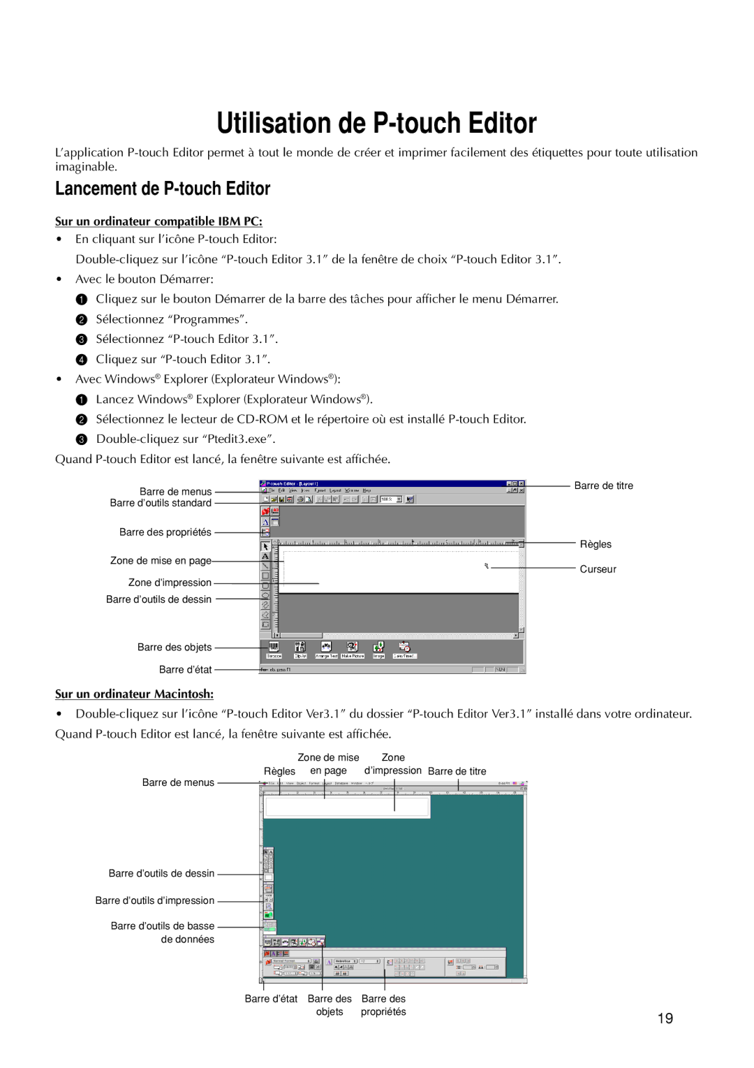 Brother 9200DX manual Utilisation de P-touch Editor, Lancement de P-touch Editor, Sur un ordinateur compatible IBM PC 