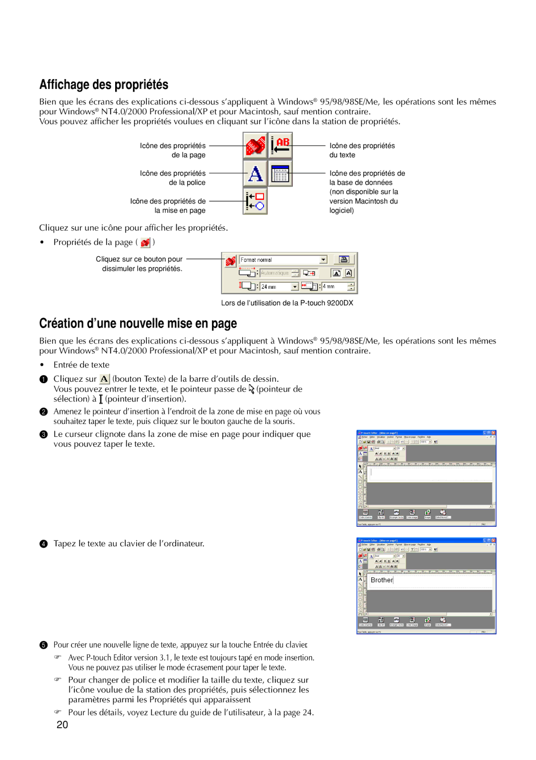 Brother 9200DX manual Affichage des propriétés, Création d’une nouvelle mise en 