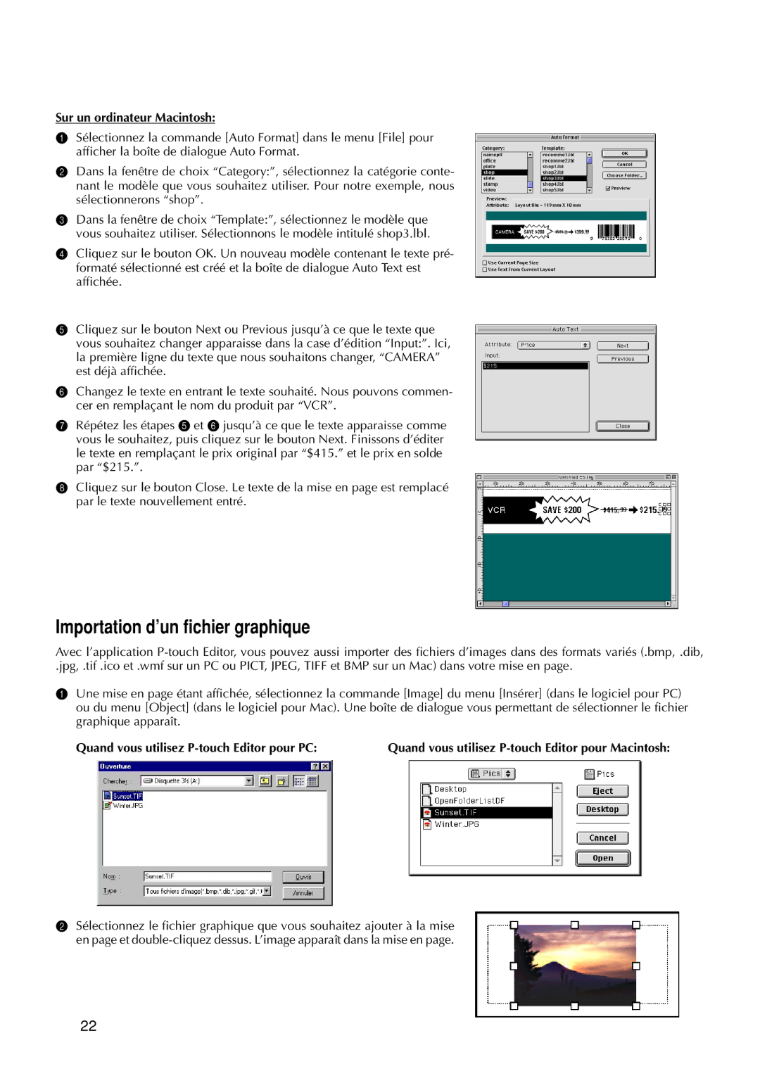 Brother 9200DX manual Importation d’un fichier graphique, Quand vous utilisez P-touch Editor pour PC 