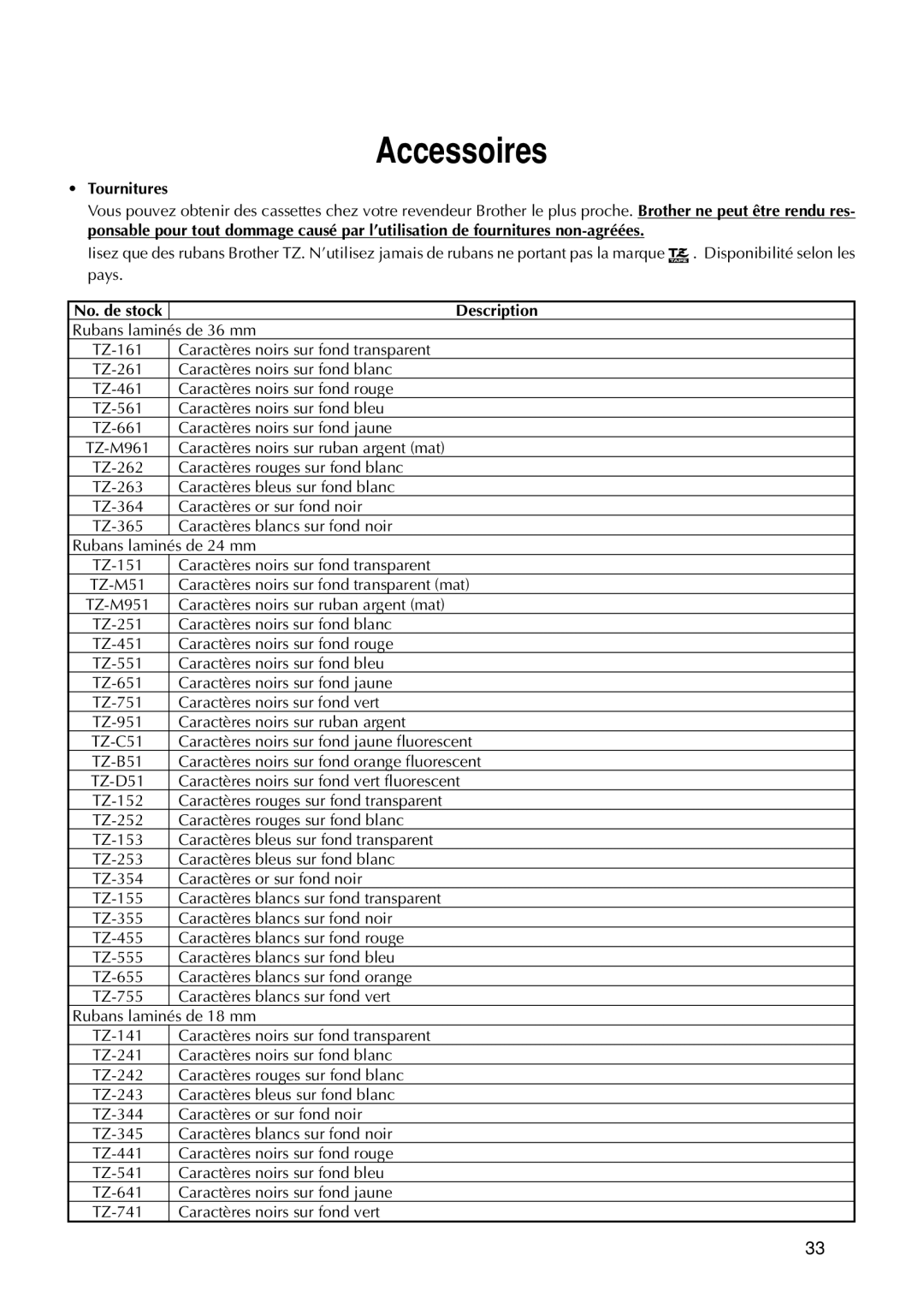 Brother 9200DX manual Accessoires, No. de stock 