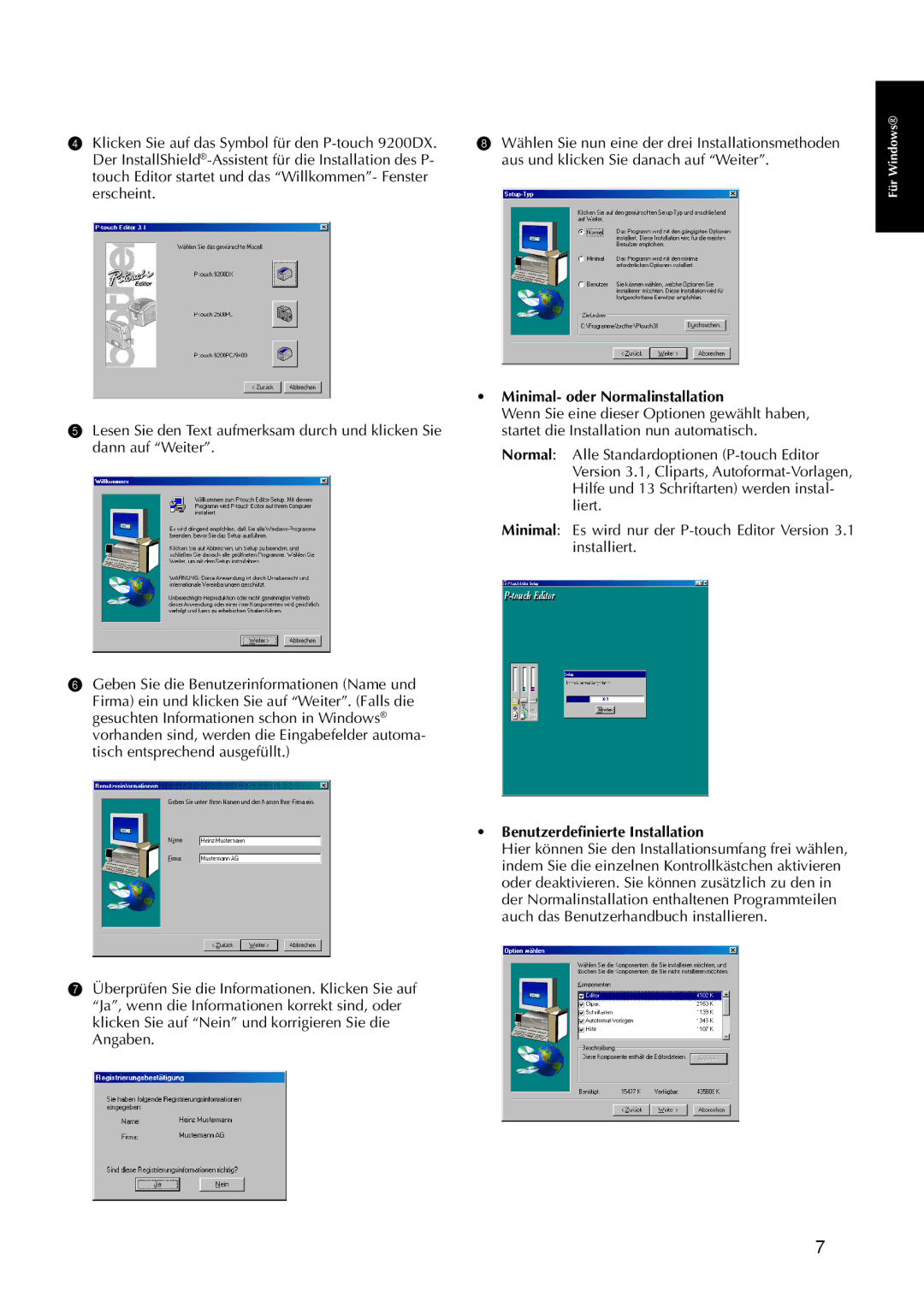 Brother 9200DX manual Minimal- oder Normalinstallation, Benutzerdefinierte Installation 