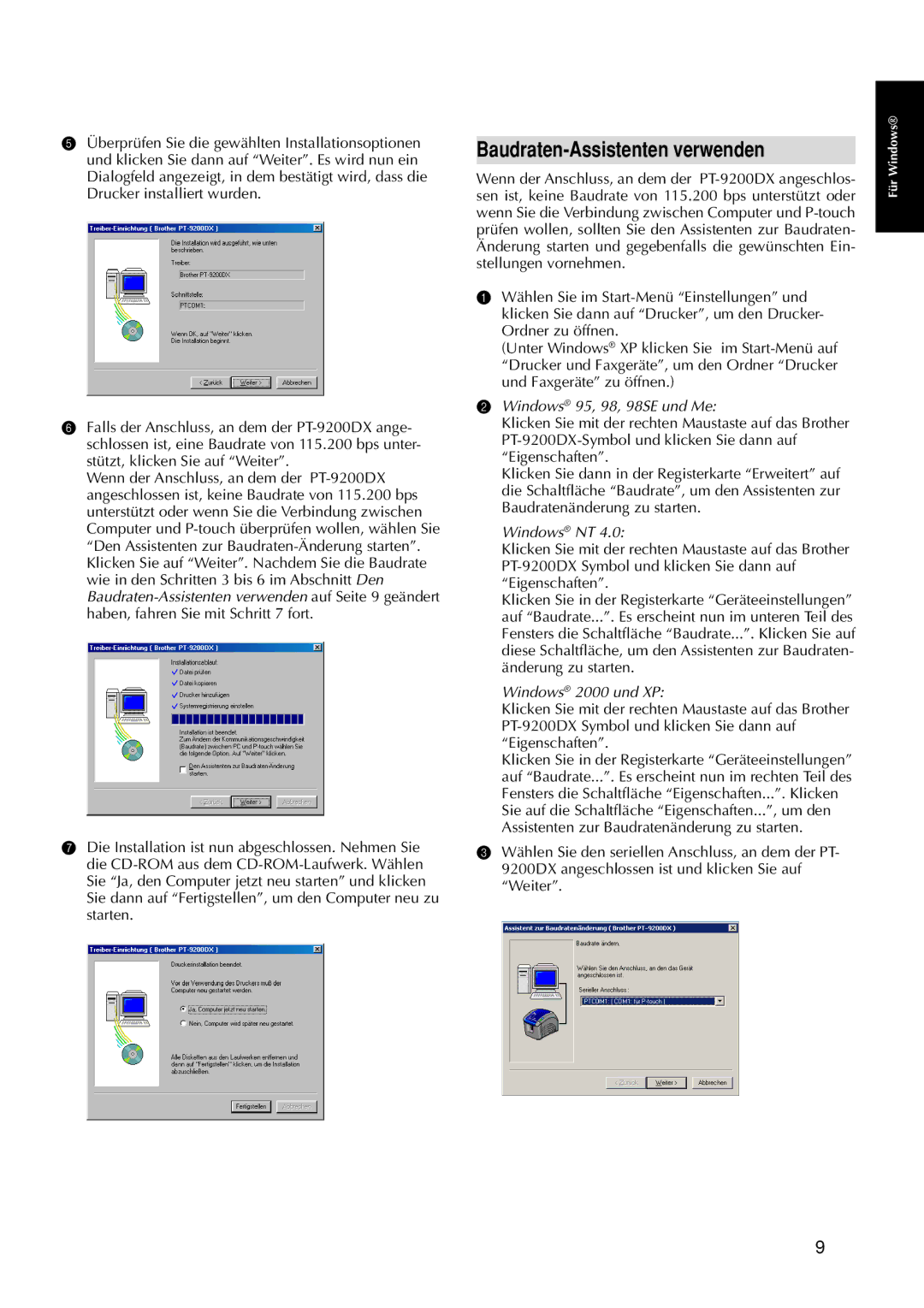 Brother 9200DX manual Baudraten-Assistenten verwenden, Windows 95, 98, 98SE und Me, Windows NT, Windows 2000 und XP 