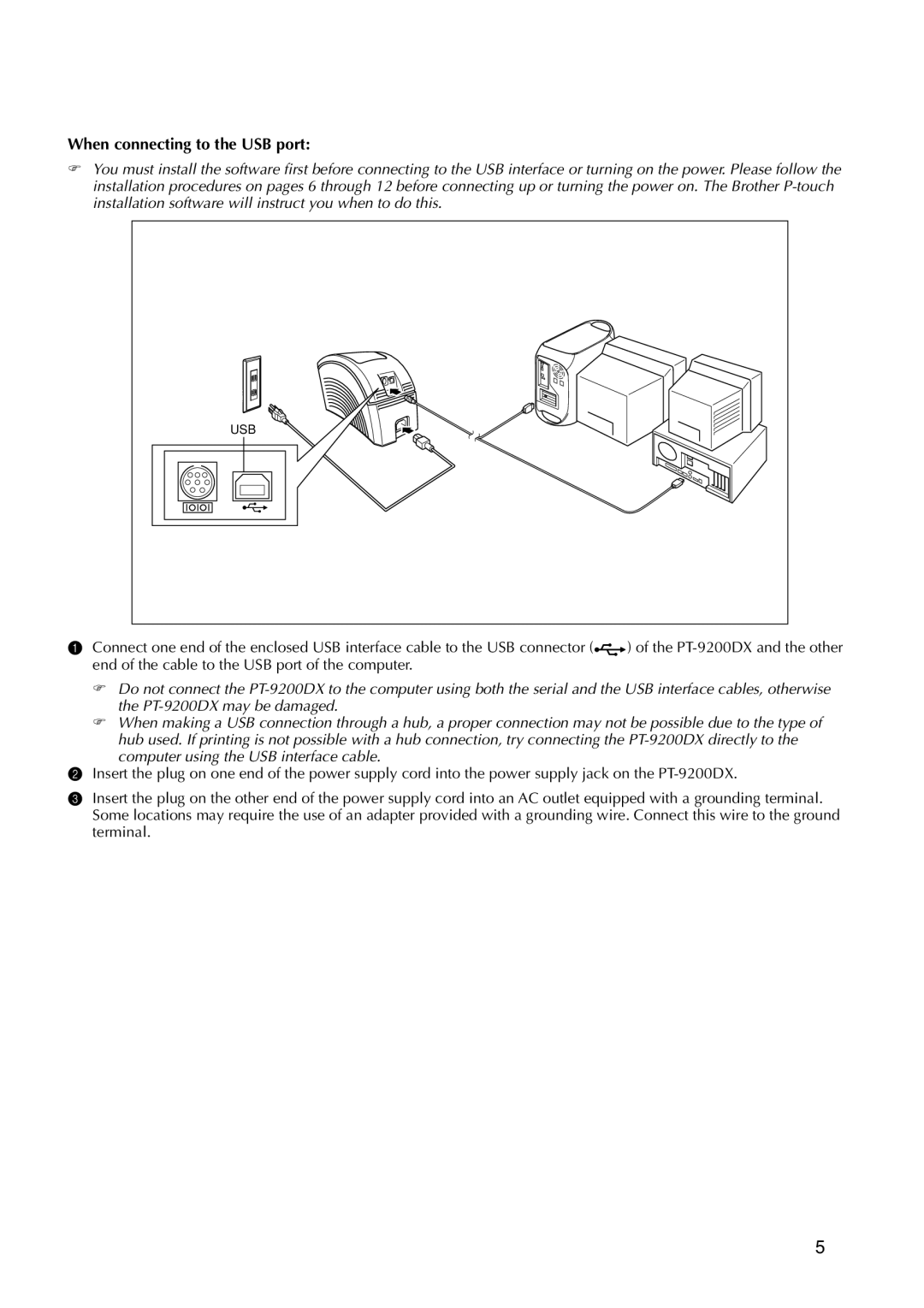 Brother 9200DX manual When connecting to the USB port, Computer using the USB interface cable 