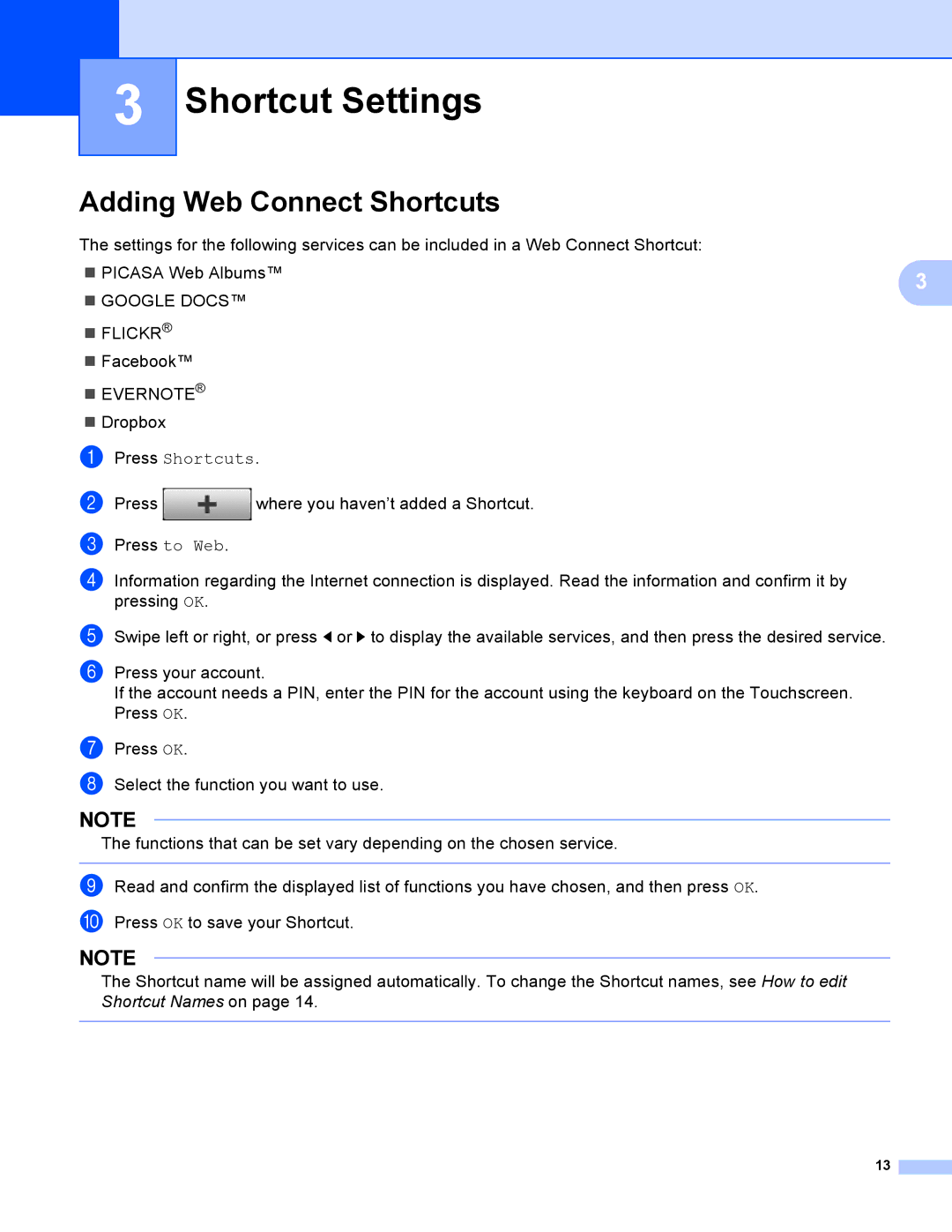 Brother ADS2500W manual Shortcut Settings, Adding Web Connect Shortcuts 