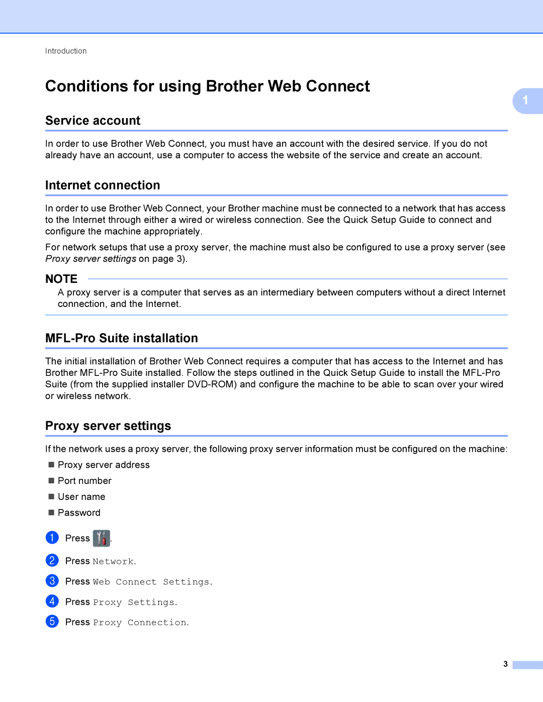 Brother ADS2500W Conditions for using Brother Web Connect, Service account, Internet connection, Proxy server settings 