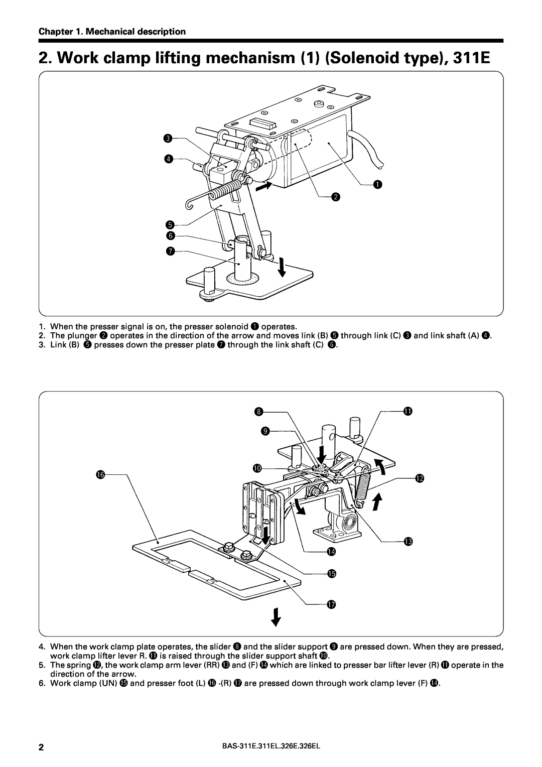 Brother BAS-311E service manual Work clamp lifting mechanism 1 Solenoid type, 311E, Mechanical description, e r q w t y u 
