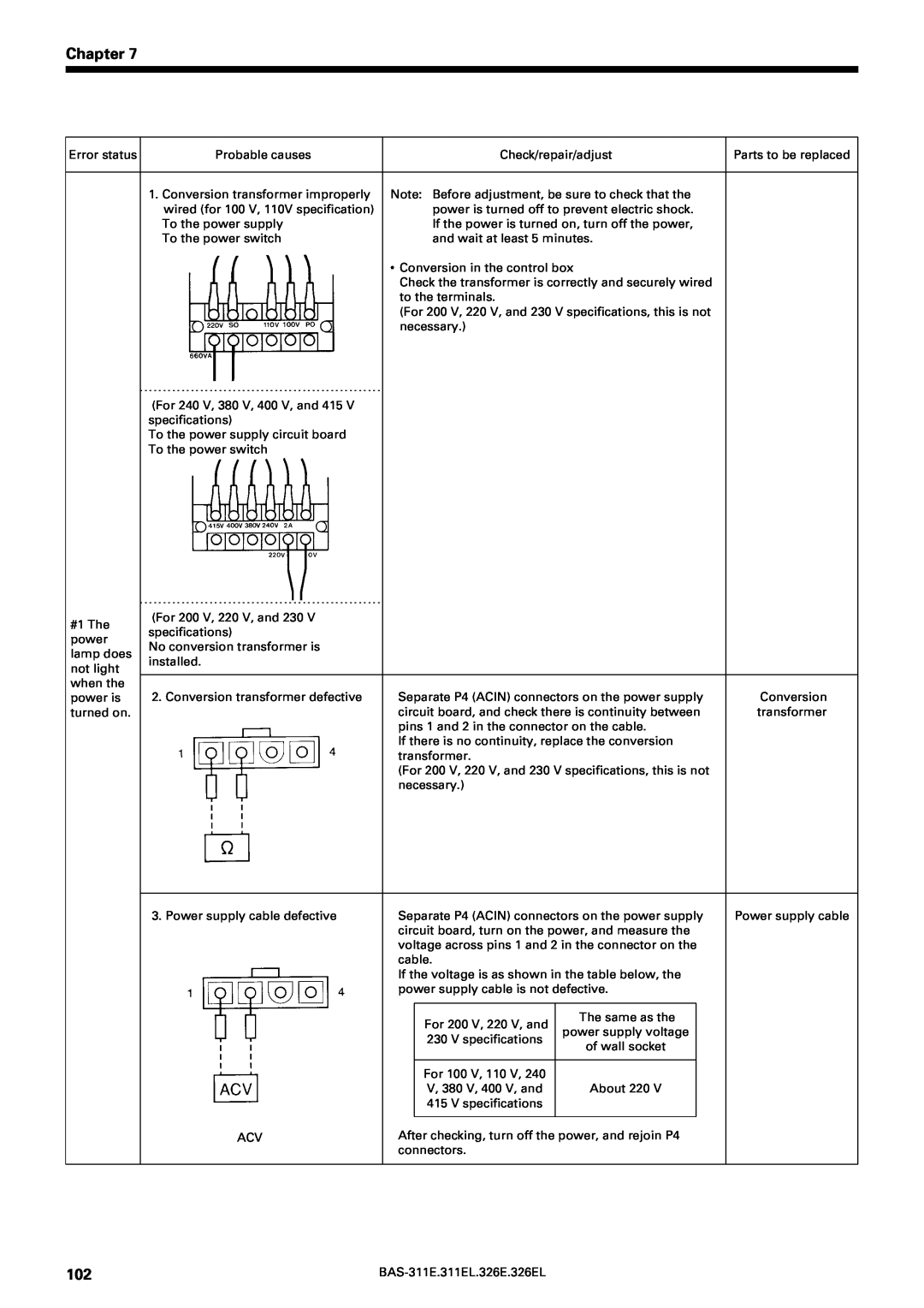 Brother BAS-311E service manual Chapter, For 200 V, 220 V, and, For 100 V, 110 V, V, 380 V, 400 V, and 