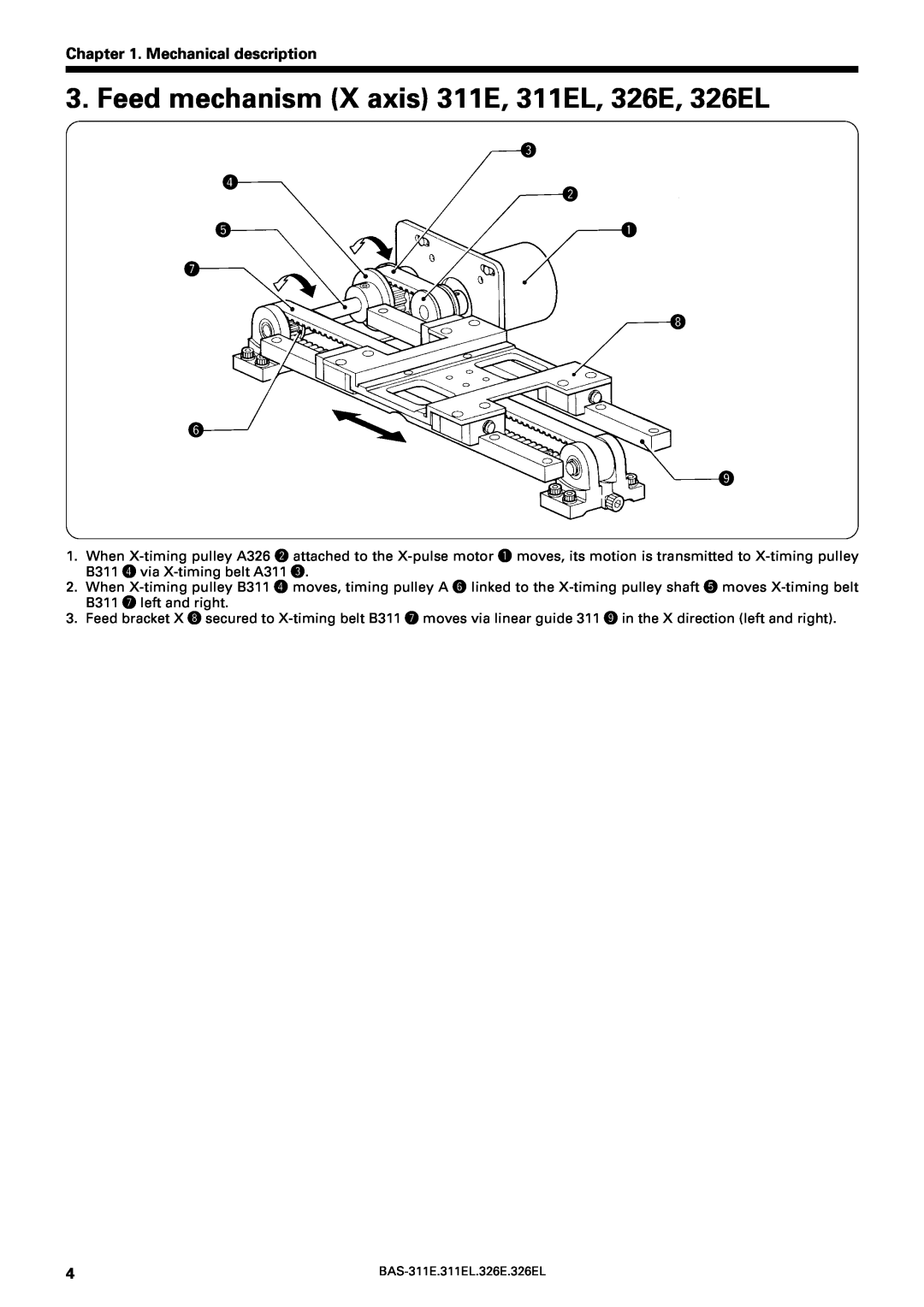 Brother BAS-311E service manual Feed mechanism X axis 311E, 311EL, 326E, 326EL, Mechanical description, e r w, u i y o 