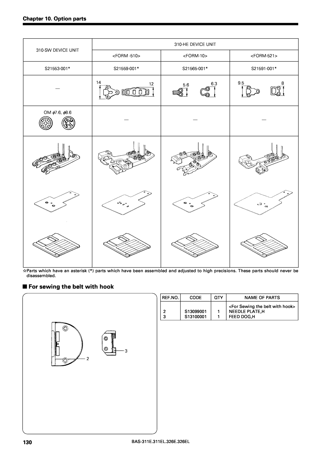 Brother BAS-311E service manual For sewing the belt with hook, Option parts 