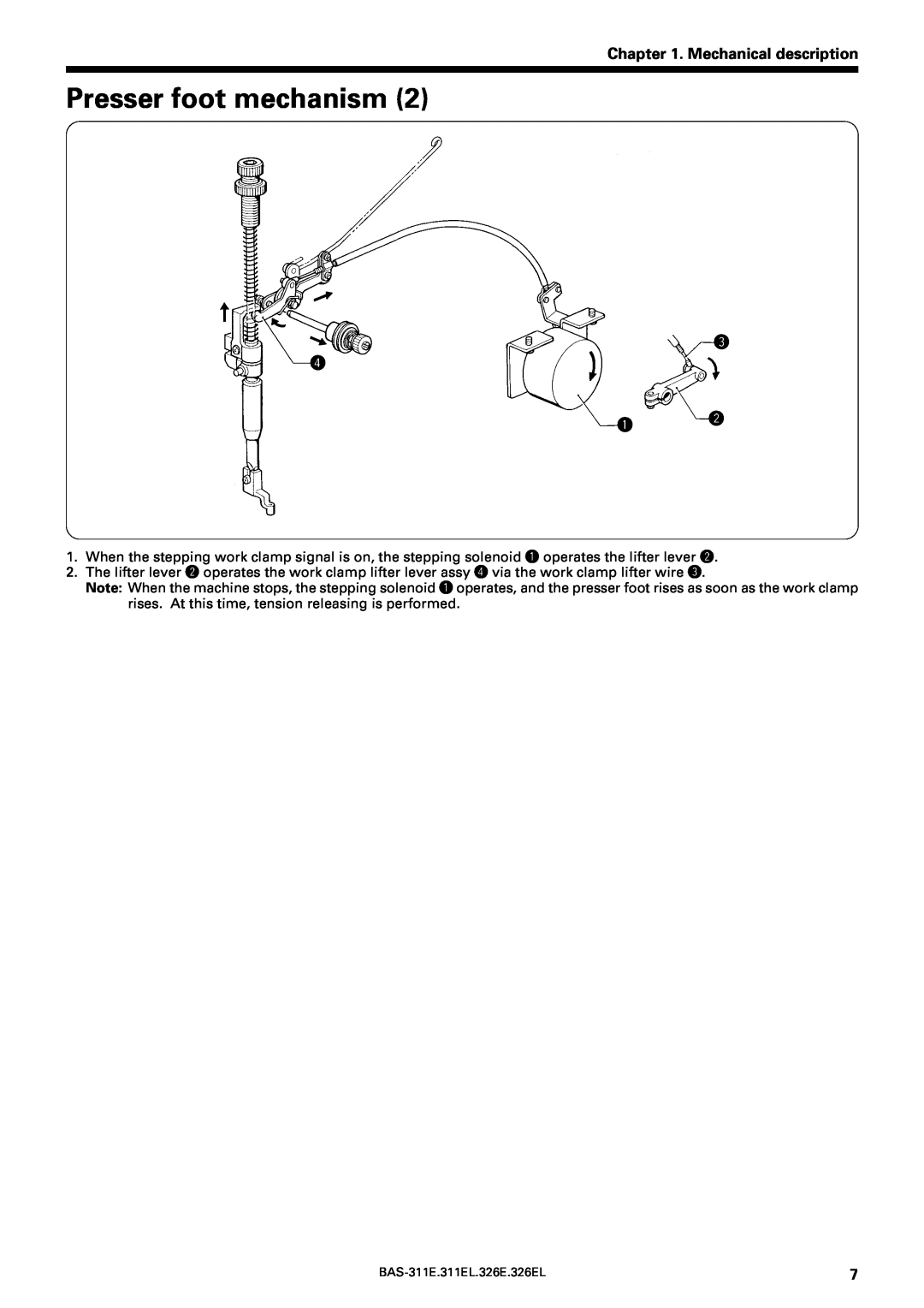 Brother BAS-311E service manual Presser foot mechanism, Mechanical description, e r q w 
