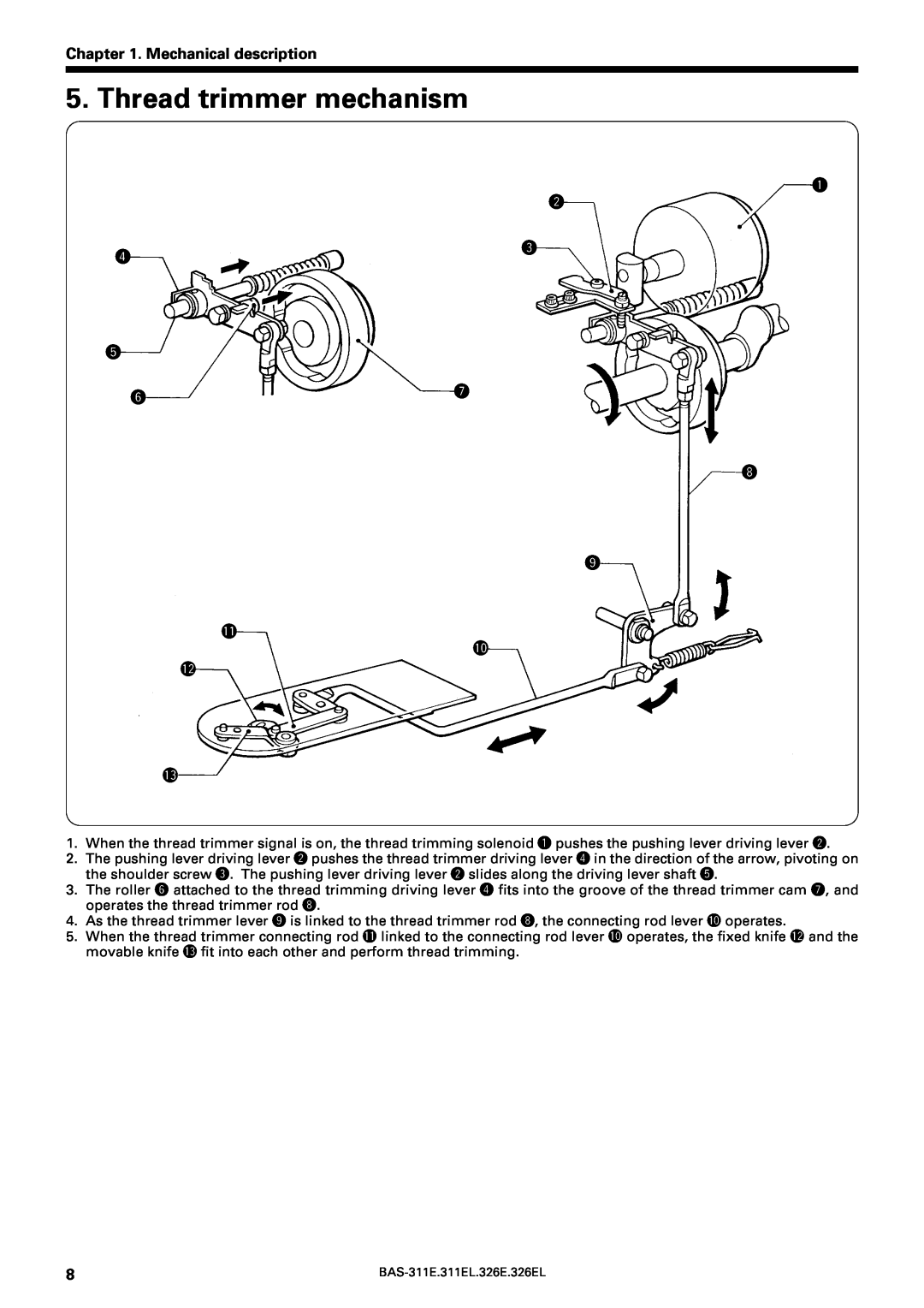 Brother BAS-311E service manual Thread trimmer mechanism, Mechanical description, t yu i o 